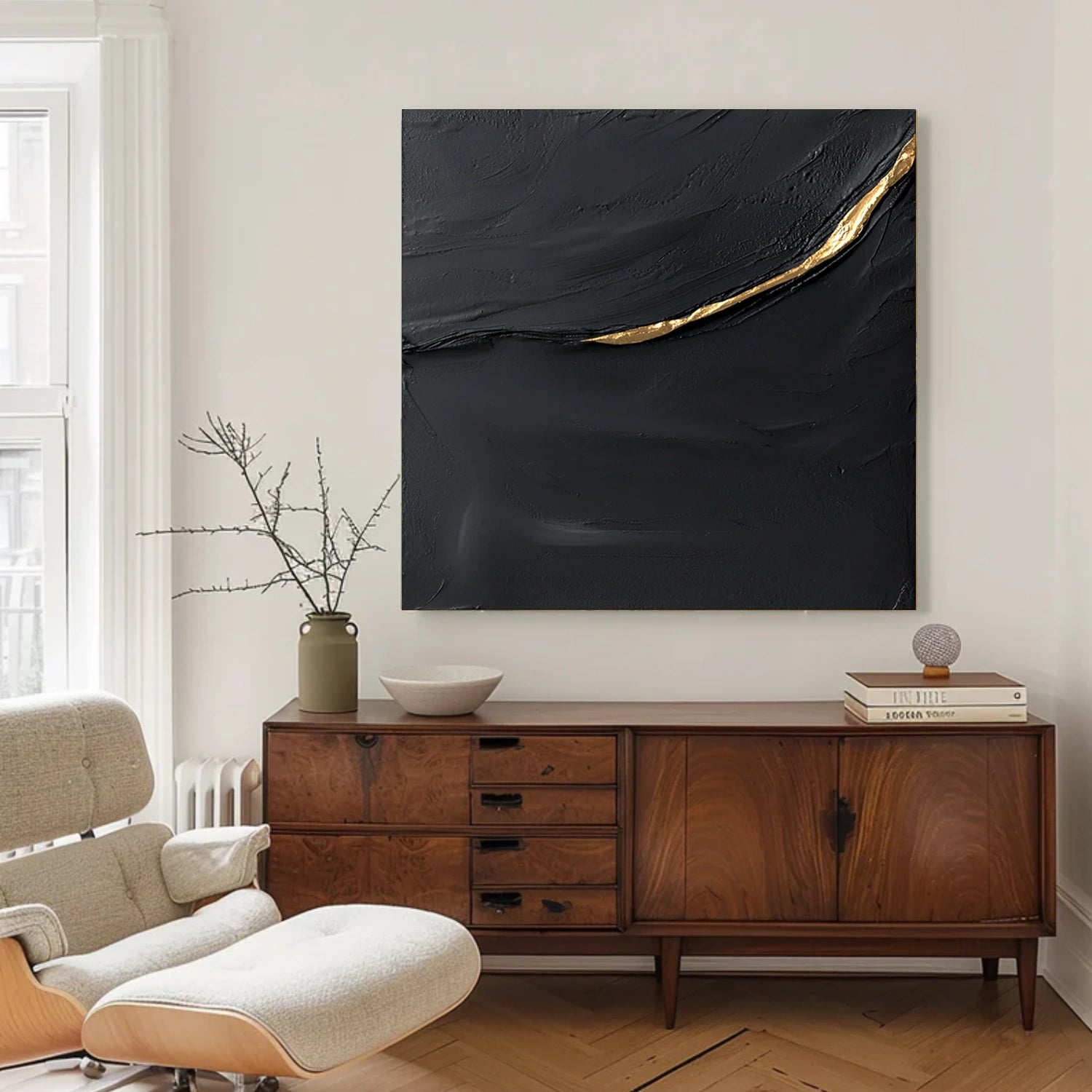 Black & Gold Minimalist Textured Canvas Art #MZ159