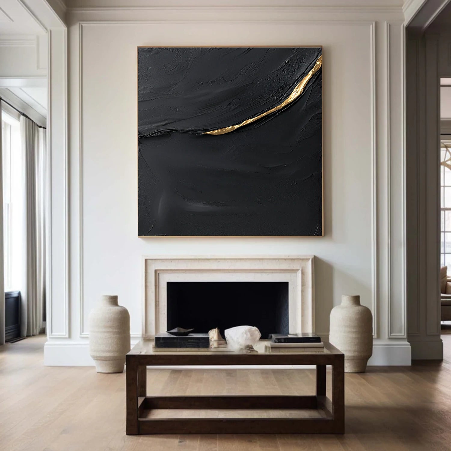 Black & Gold Minimalist Textured Canvas Art #MZ159