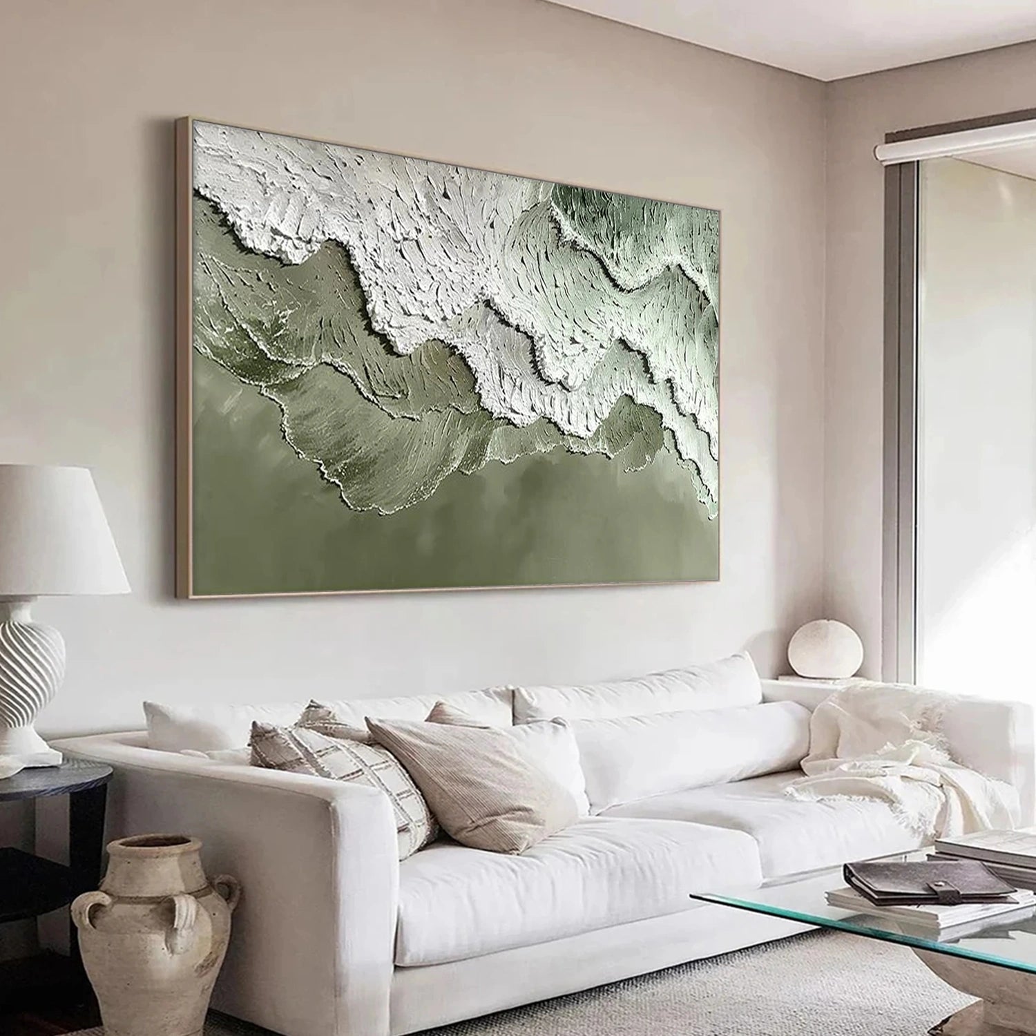 Textured seascape painting with raised white wave crests on a blue and gray sea