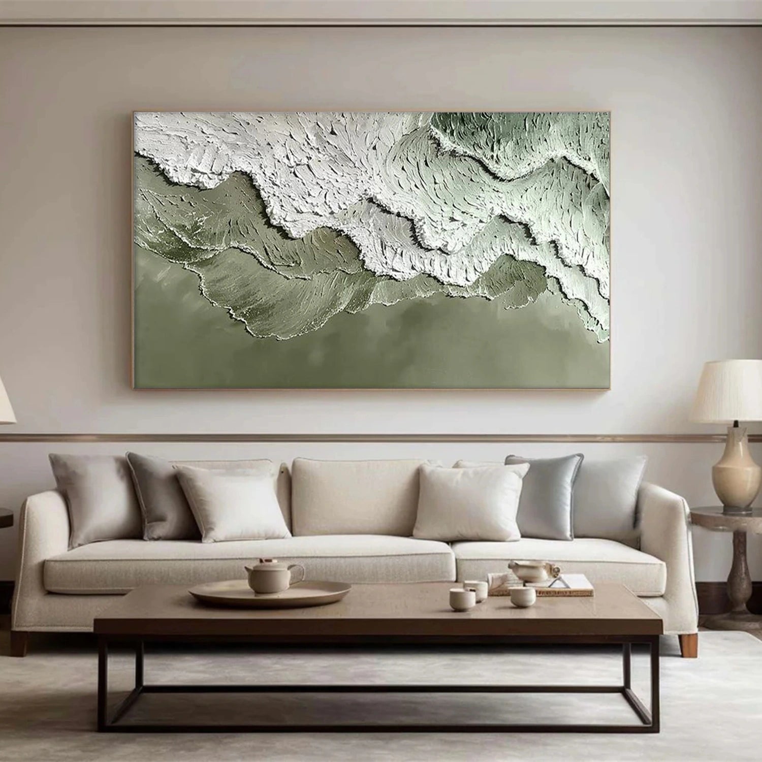 Raised seascape painting with layered white foam and deep blue water