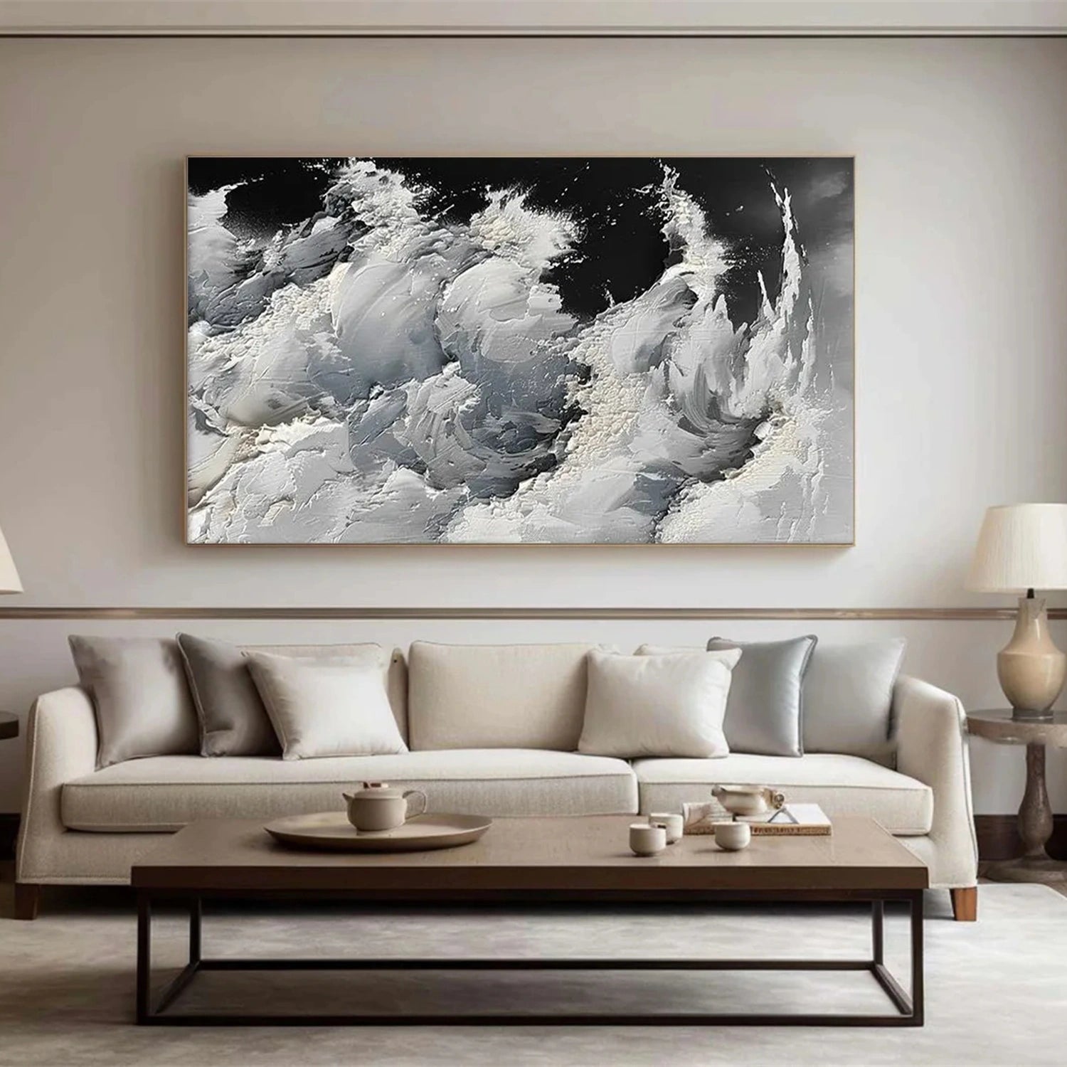 Black & White Ocean And Sky Abstract Textured Canvas Art #OS340