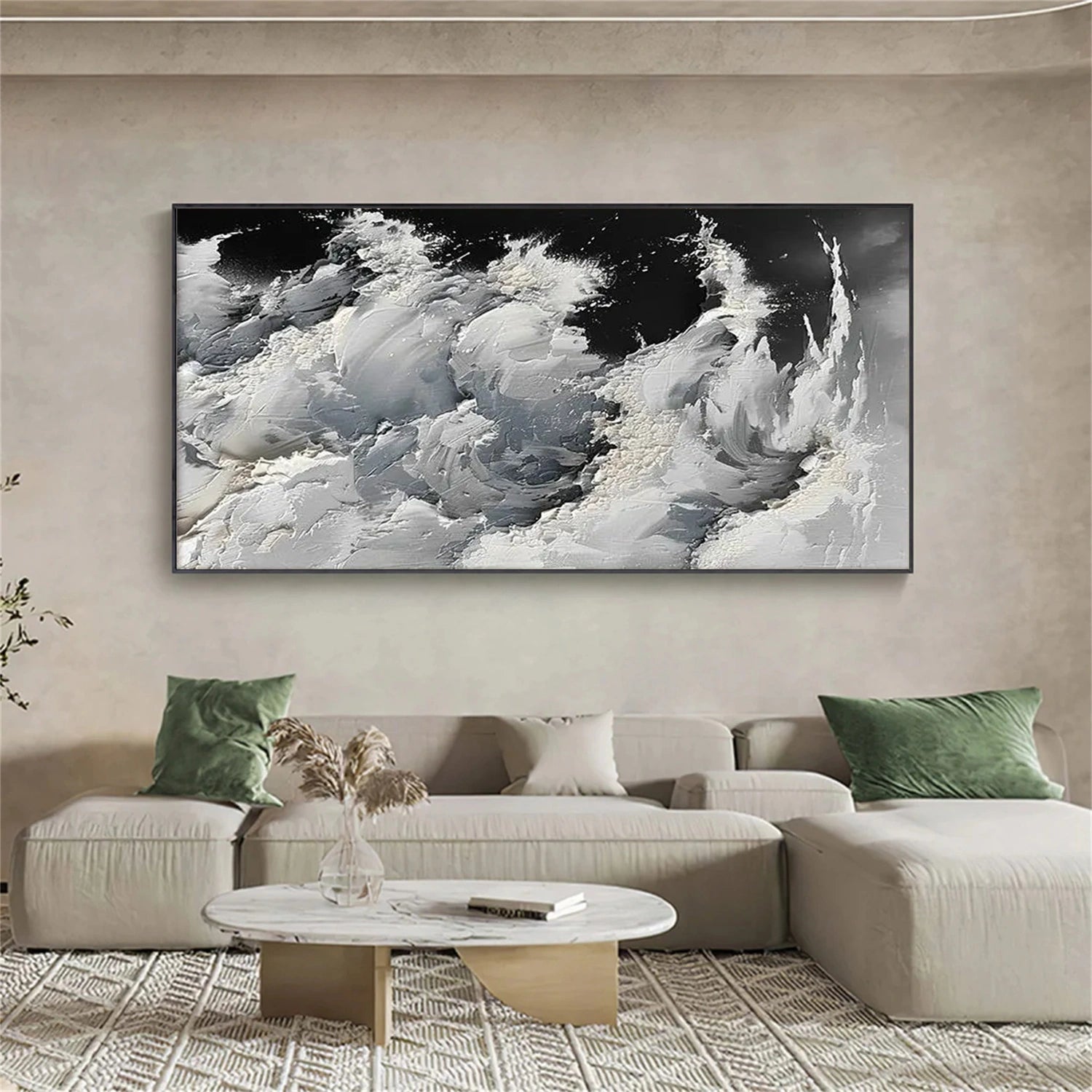 Black & White Ocean And Sky Abstract Textured Canvas Art #OS340