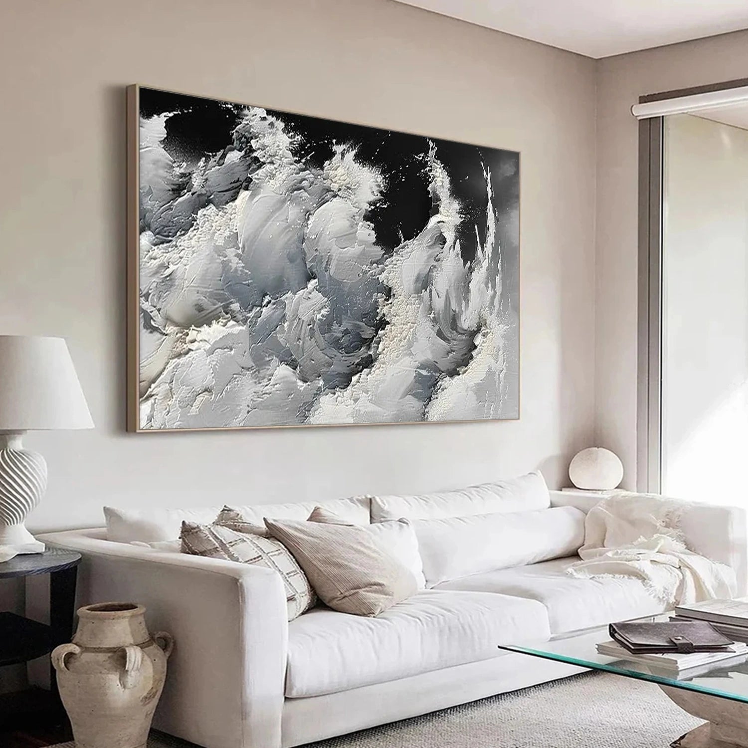 Black & White Ocean And Sky Abstract Textured Canvas Art #OS340