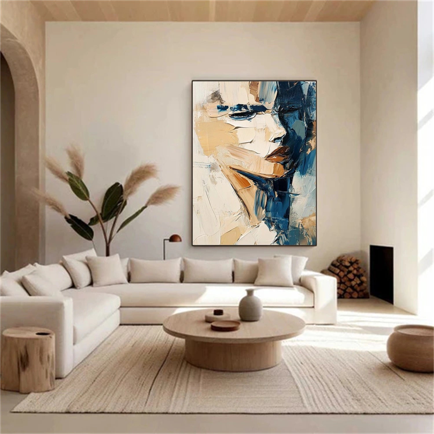 A vertical textured portrait painting with dense raised strokes, seen in a gallery setting