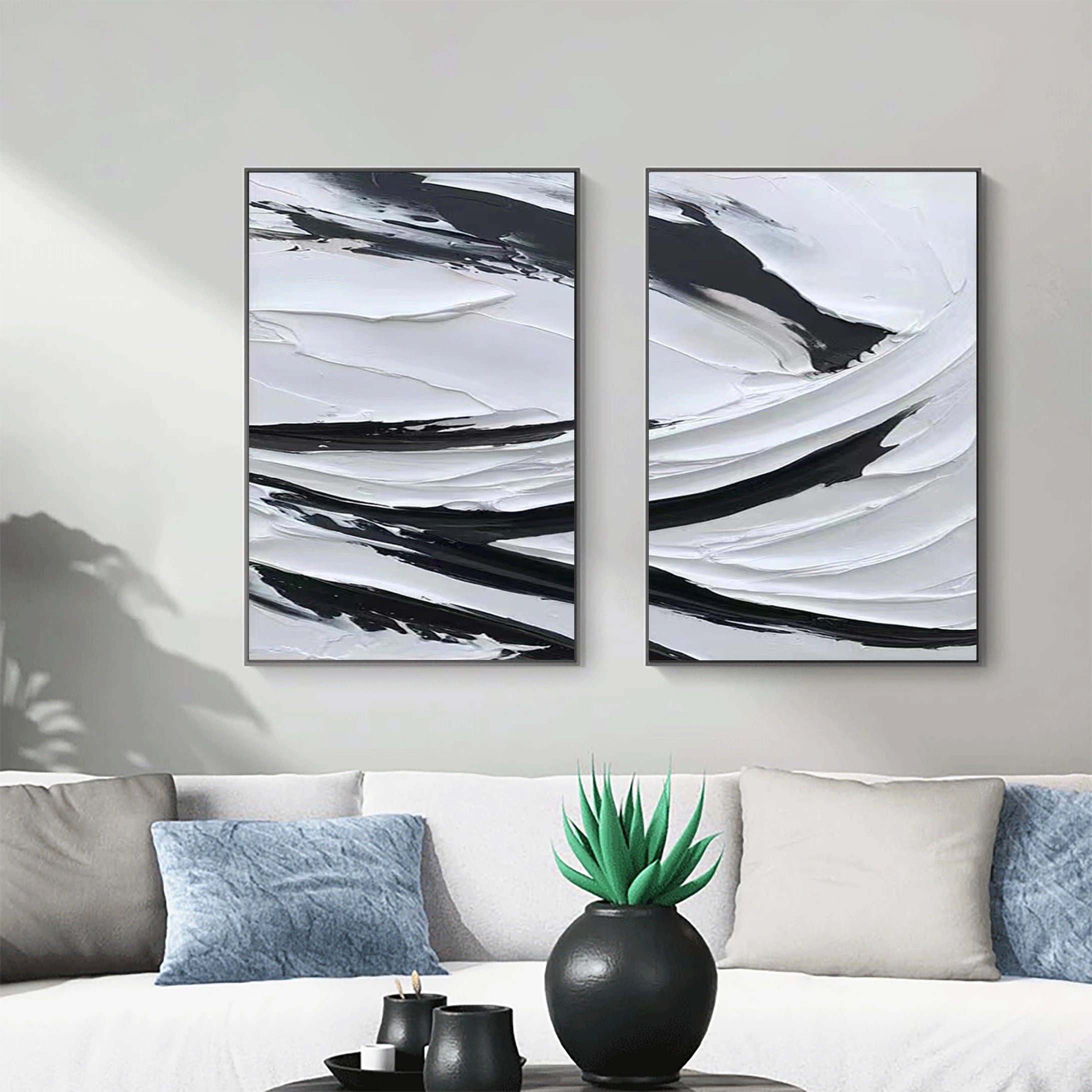 White & Black Minimalist Textured Painting Canvas #MM063