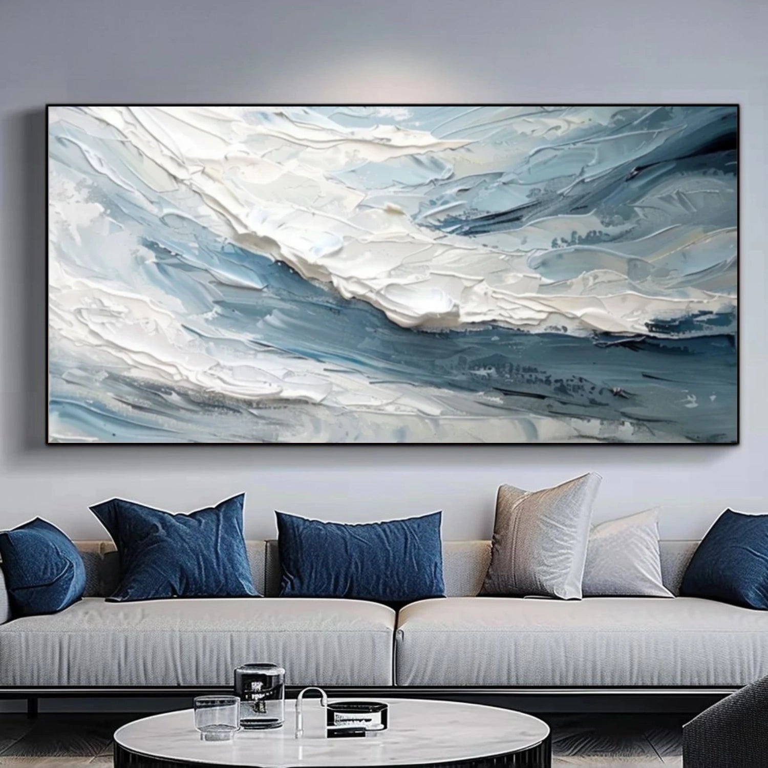 Blue & White Ocean And Sky Abstract Textured Canvas Art #OS 317