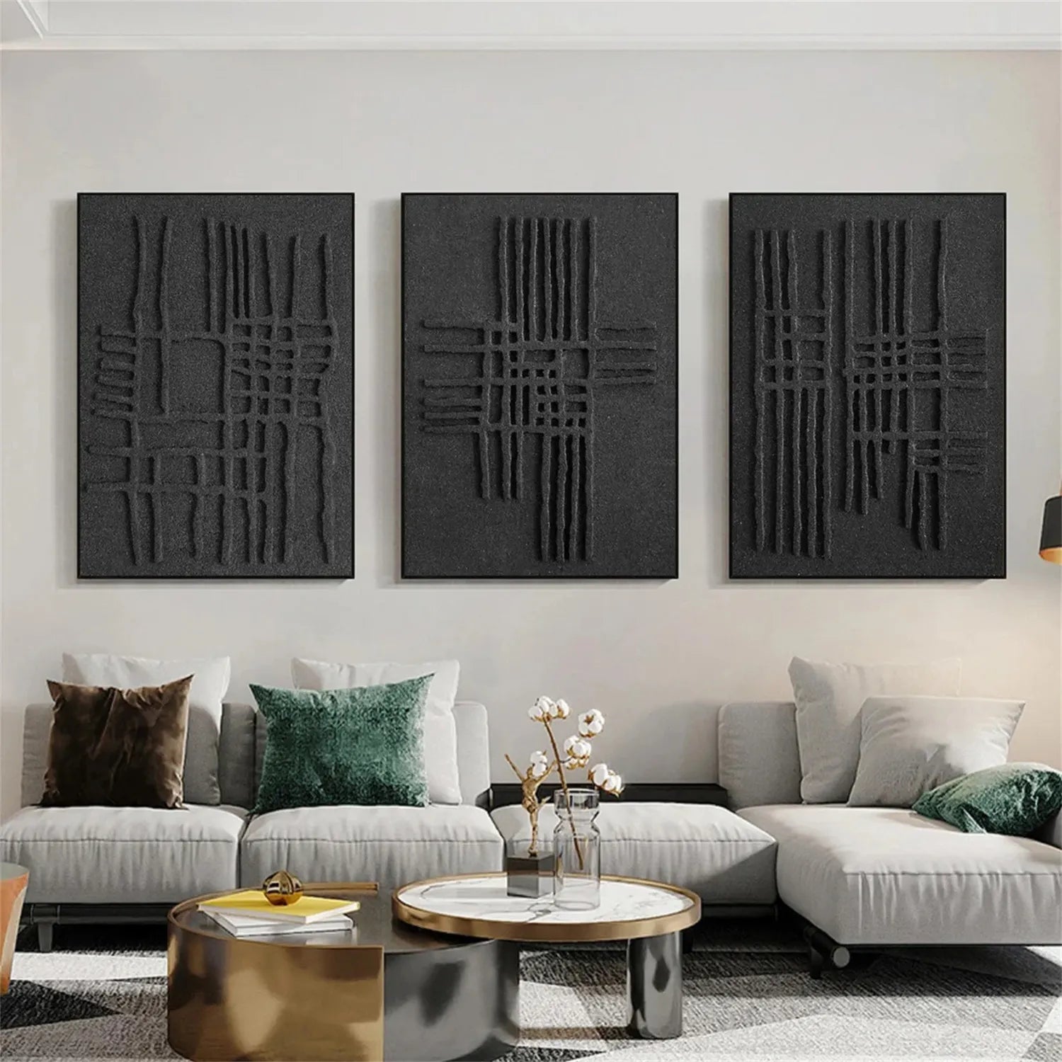 Black Minimalist Textured Painting Canvas Set of 3 #MZ119