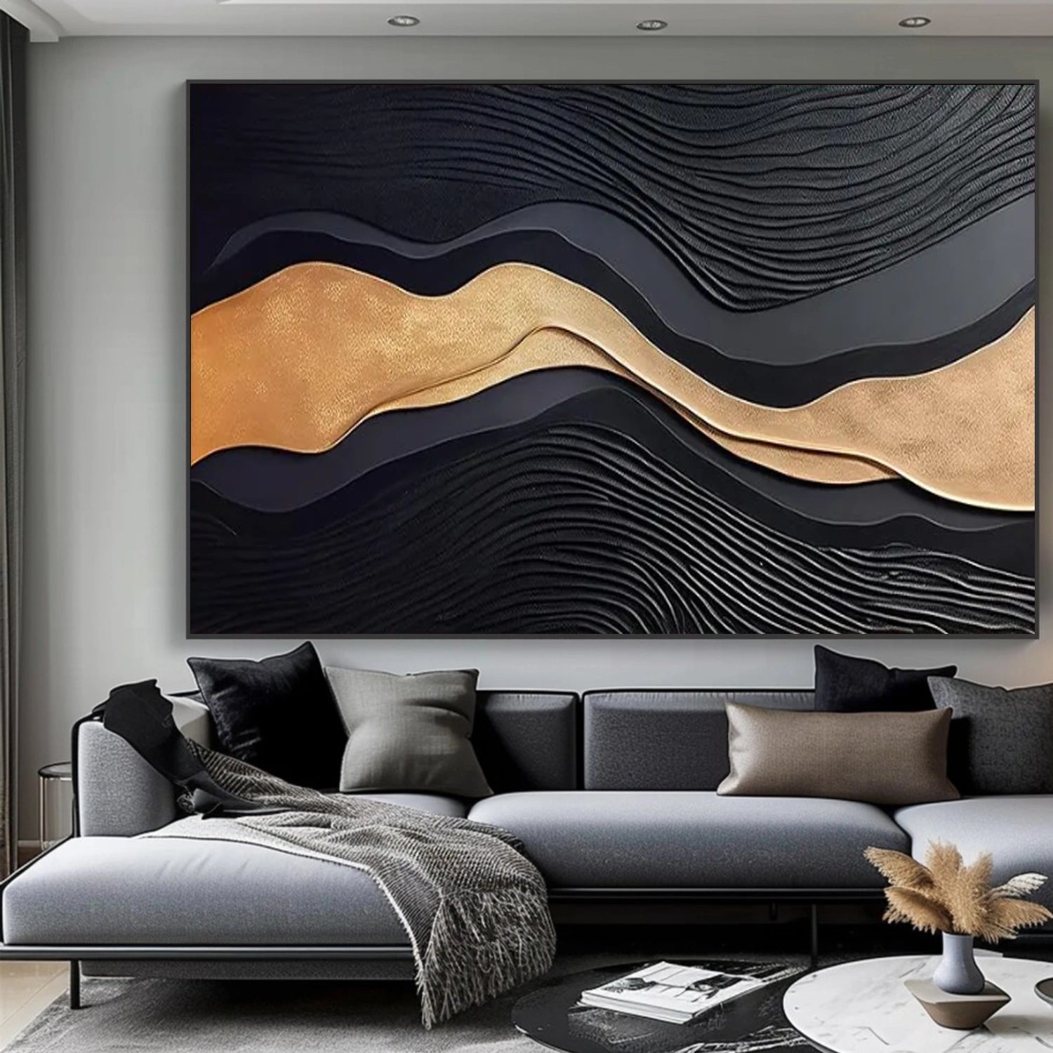 Black & Gold Minimalist Texture Canvas Art#MM398