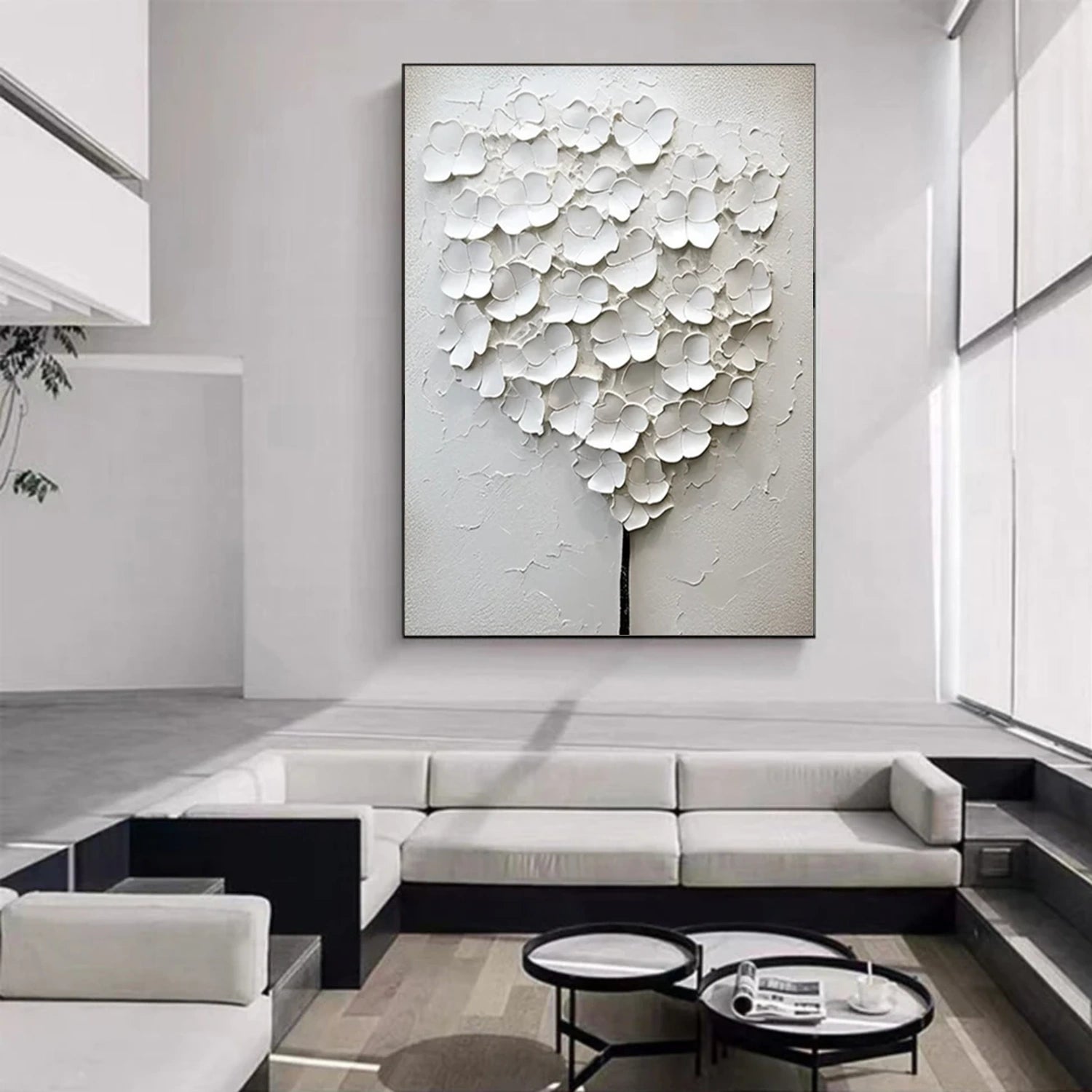 White Flower & Tree Abstract Texturte  Canvas Art #FT 243