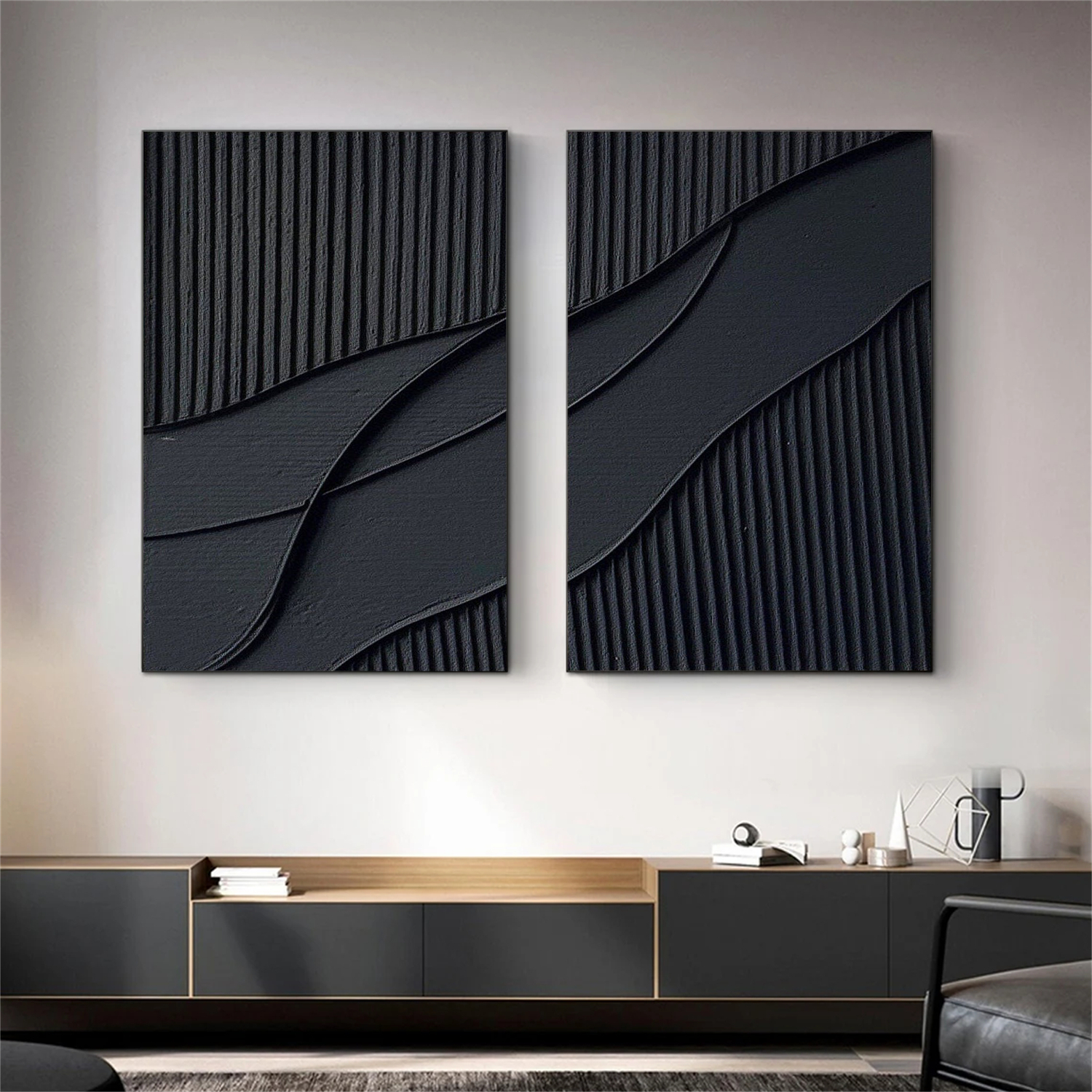 Black Plaster Art Minimalist Textured Paintings Set of 2 #MZ043