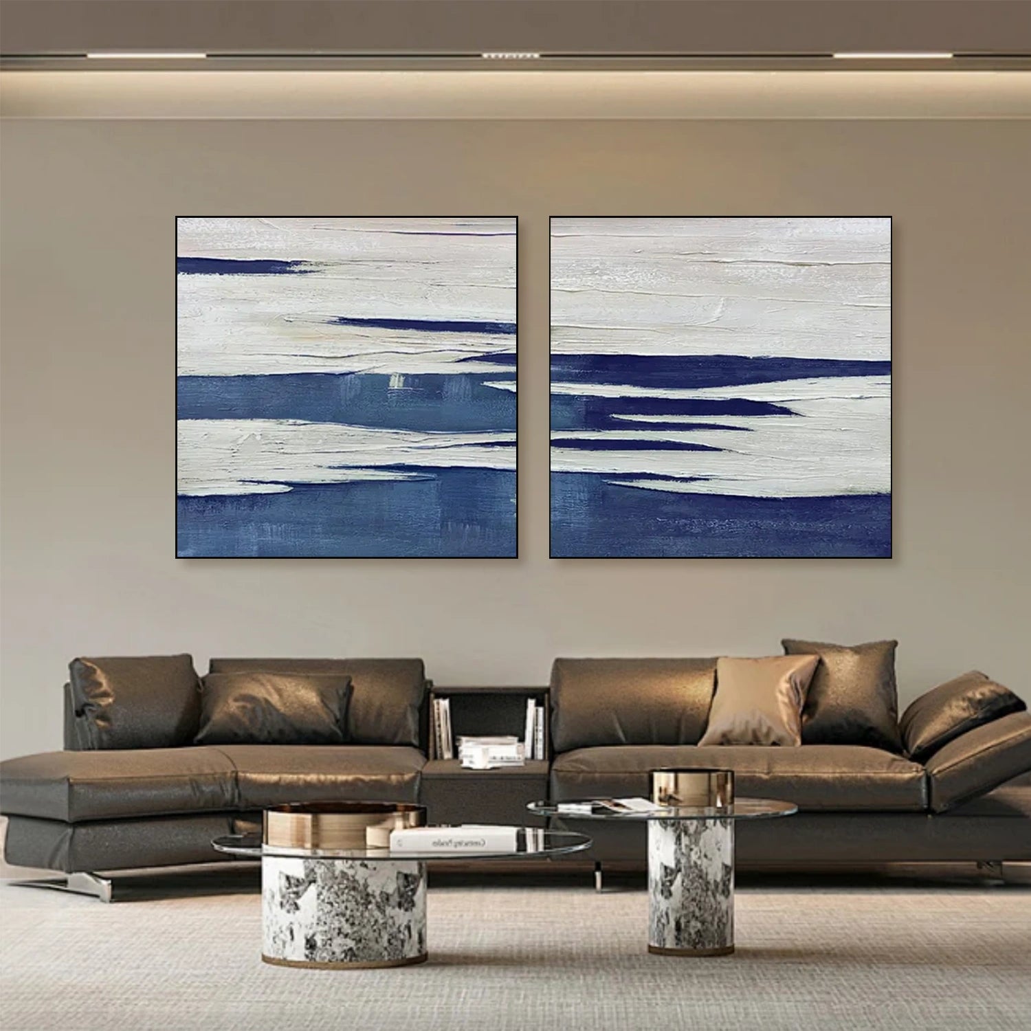 Blue & White Abstract Textured Square Set of 2 Wall Art #AB 509