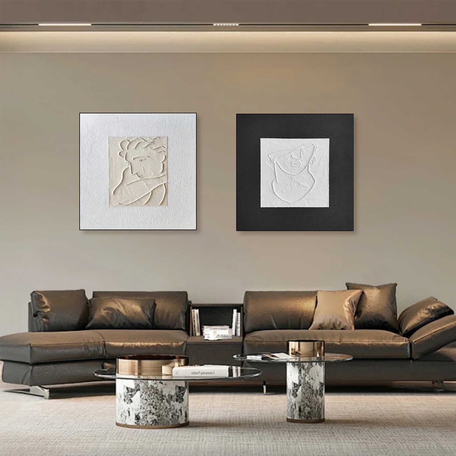 Black & White Abstract Textured Square Set of 2 Wall Art #AB 494
