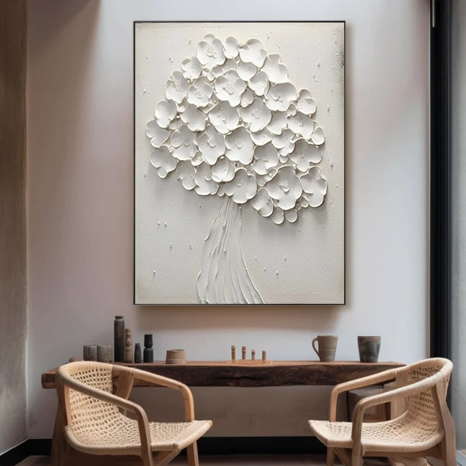 White Flower & Tree Abstract Texturte  Canvas Art #FT 241