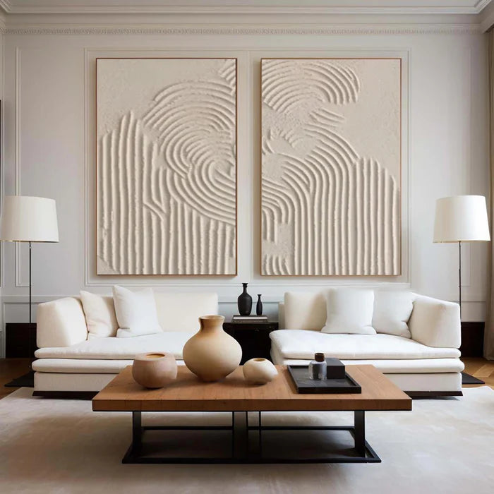Wabi-sabi textured canvas set with a handmade clay bowl in matching earthen tones as a gift pair
