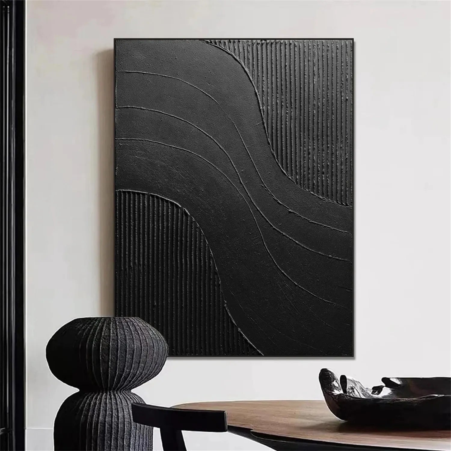 Black Minimalist Textured Painting Canvas #MZ104