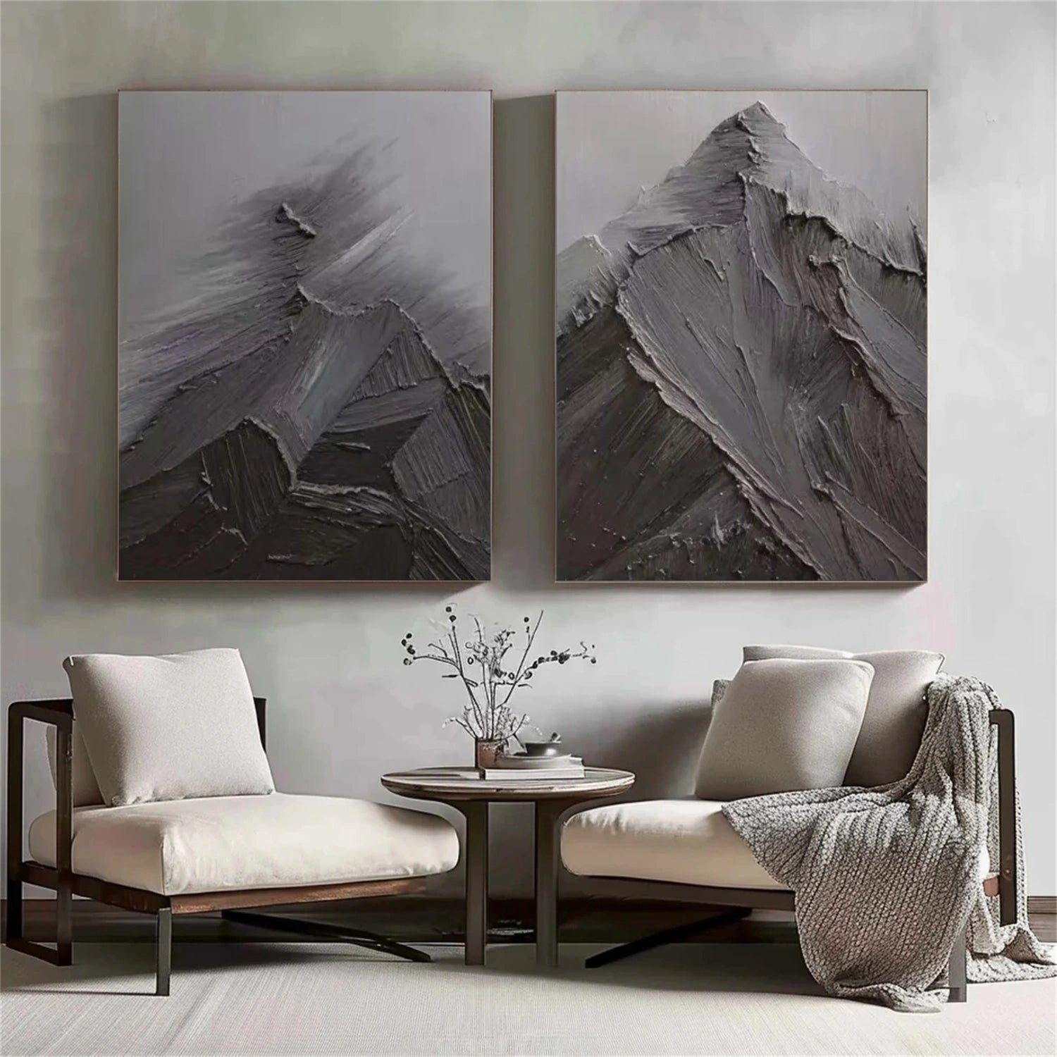 Black Minimalist Mountain Textured Set Of 2 Painting #MZ148