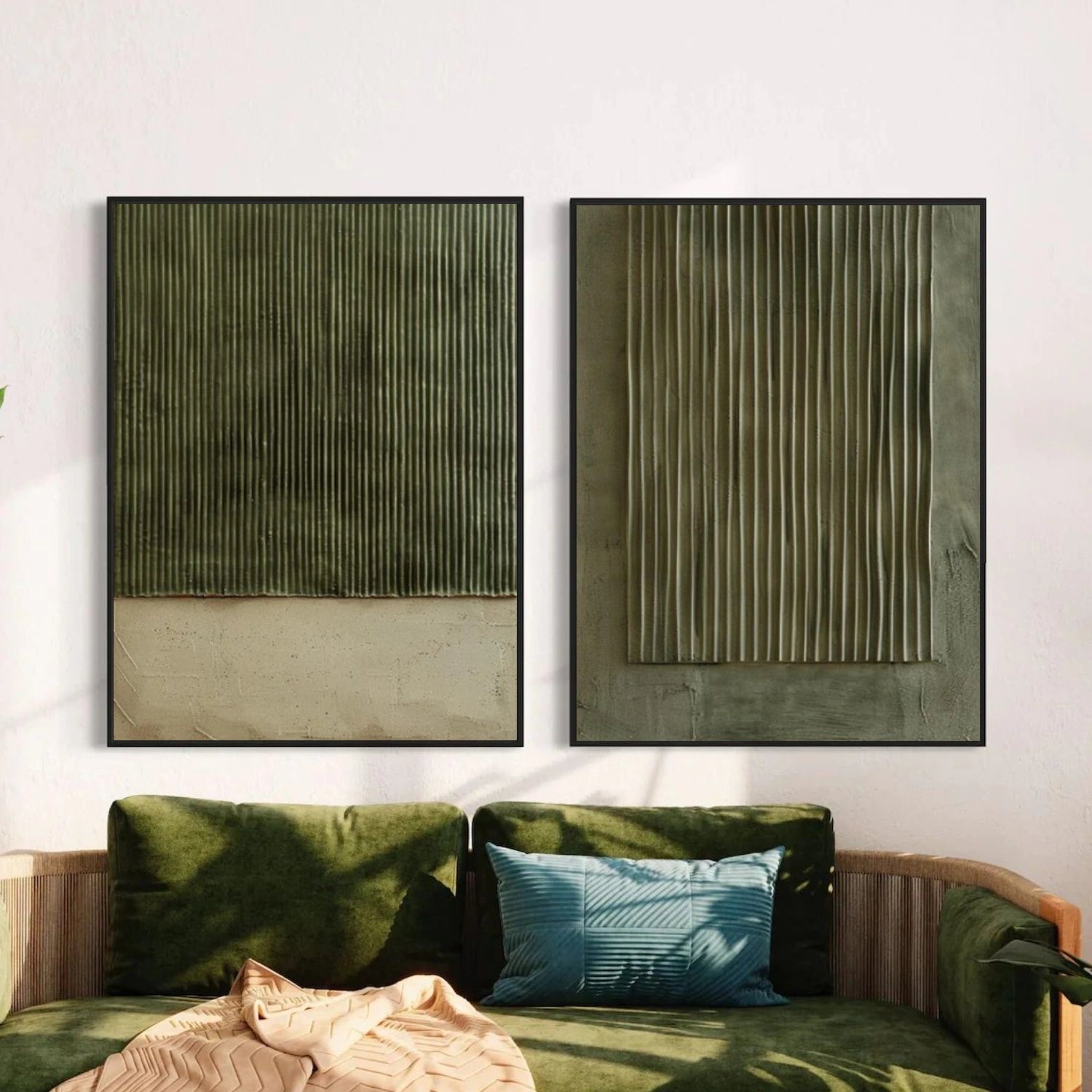Beige & Green Minimalist Textured Canvas Set of 2 #MM390