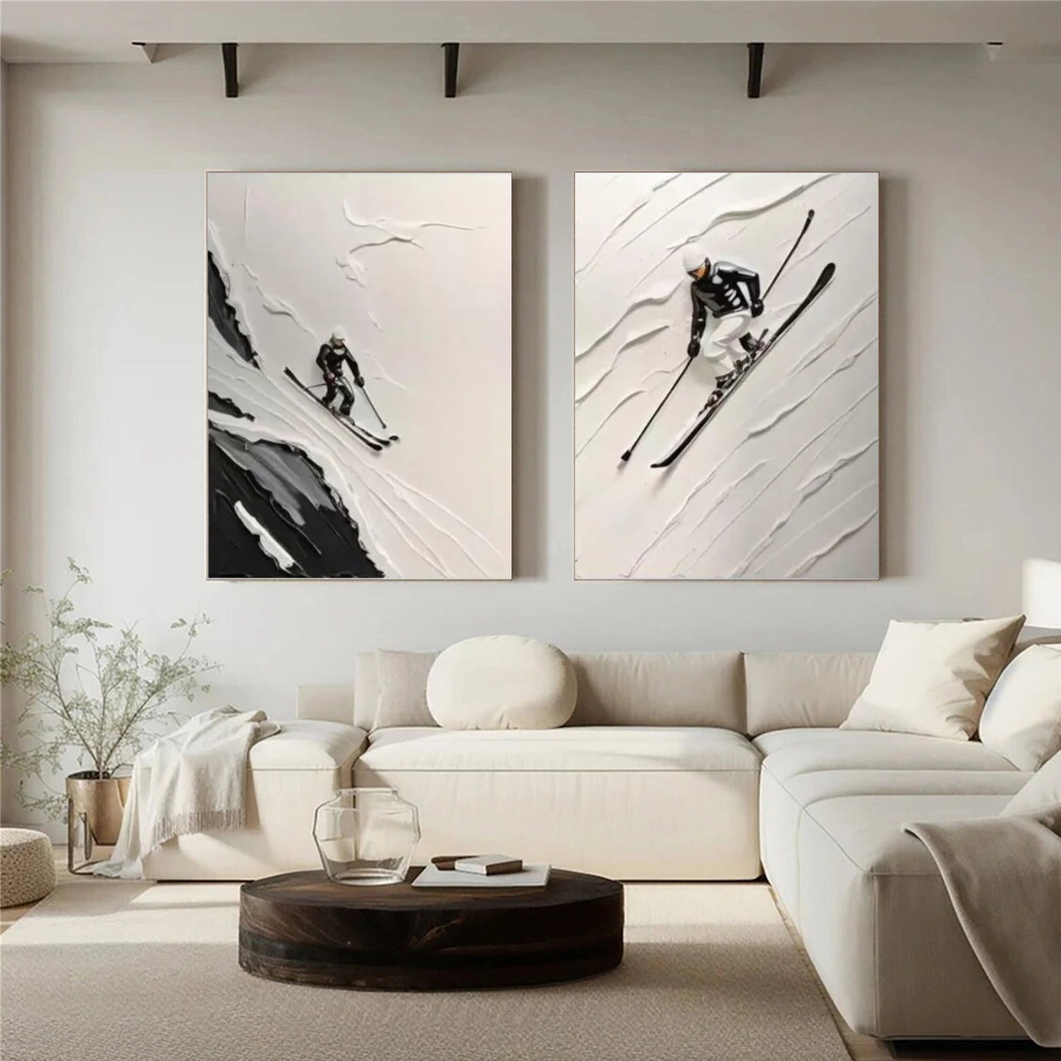 Beige & Black Skiing Sport Art Textured Set of 2 Painting Canvas # SA036