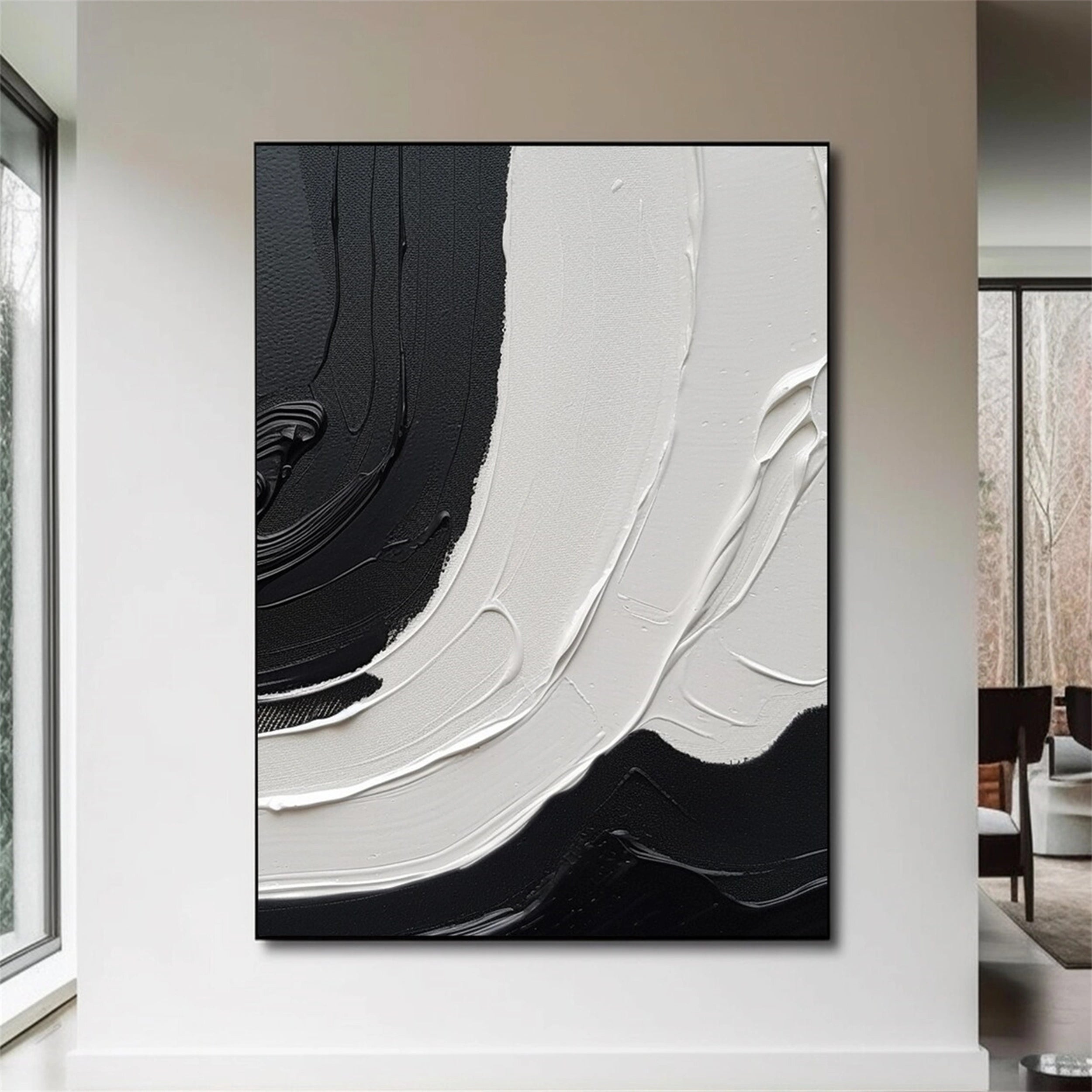 White & Black Minimalist Textured Painting Canvas #MM152