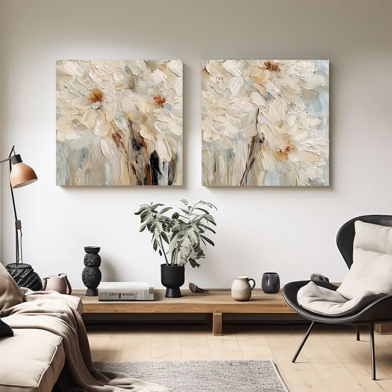 Flower & Tree Abstract Textured Canvas Square Set of 2  # FT 346
