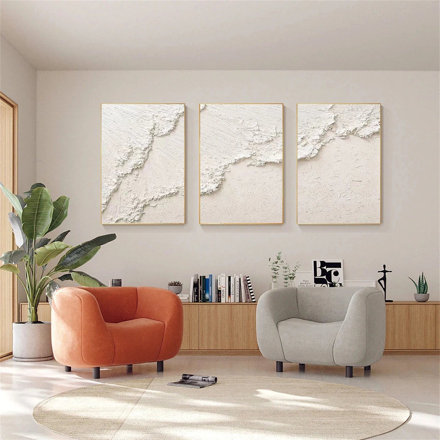 Beige Ocean And Sky Abstract Textured Canvas Art Set of 3 #OS339