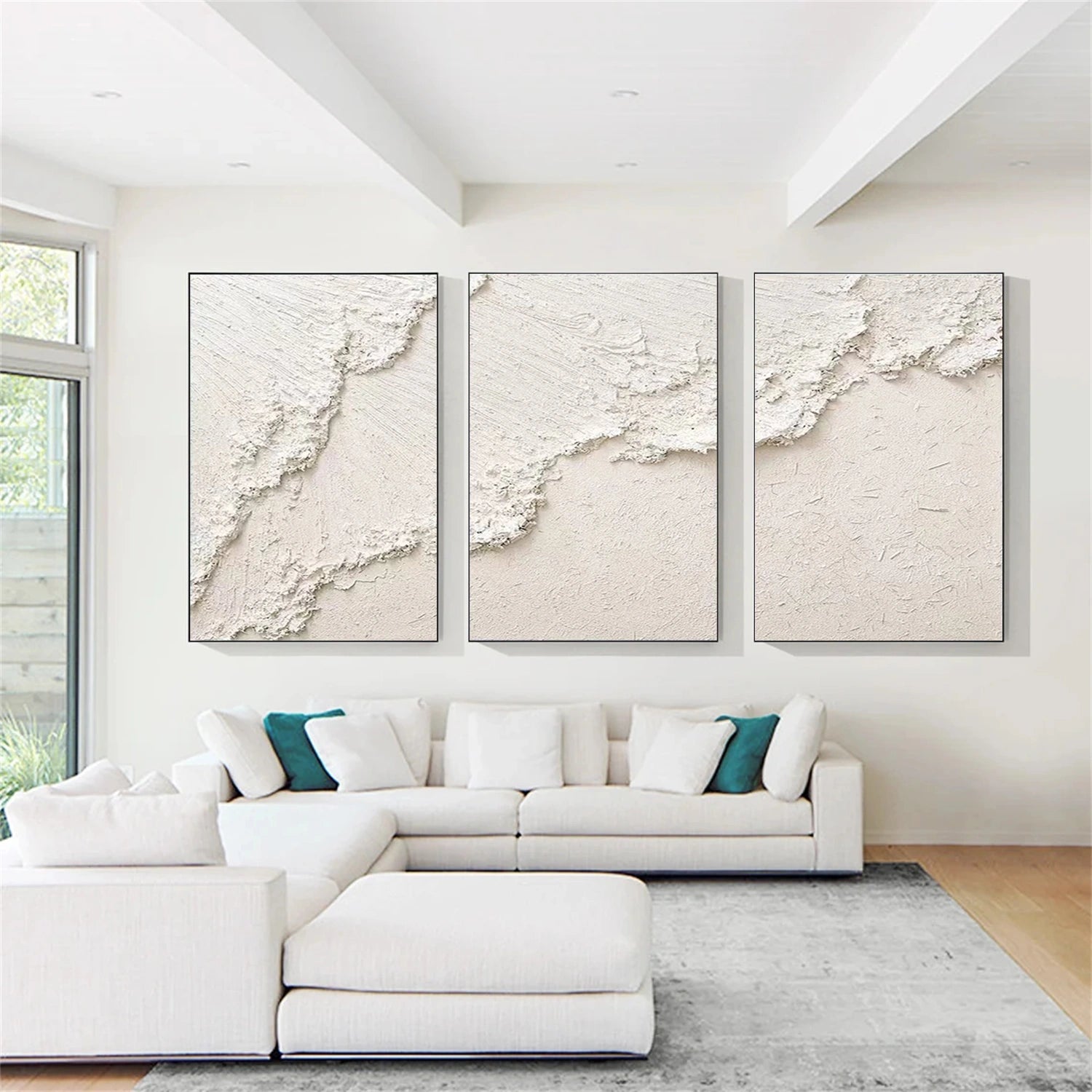 Beige Ocean And Sky Abstract Textured Canvas Art Set of 3 #OS339