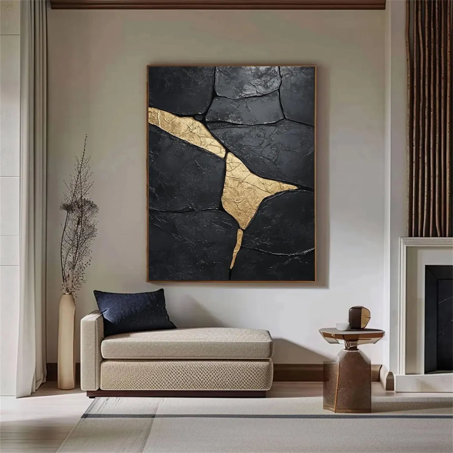 Black Gold Minimalist Textured Painting Canvas #MZ124