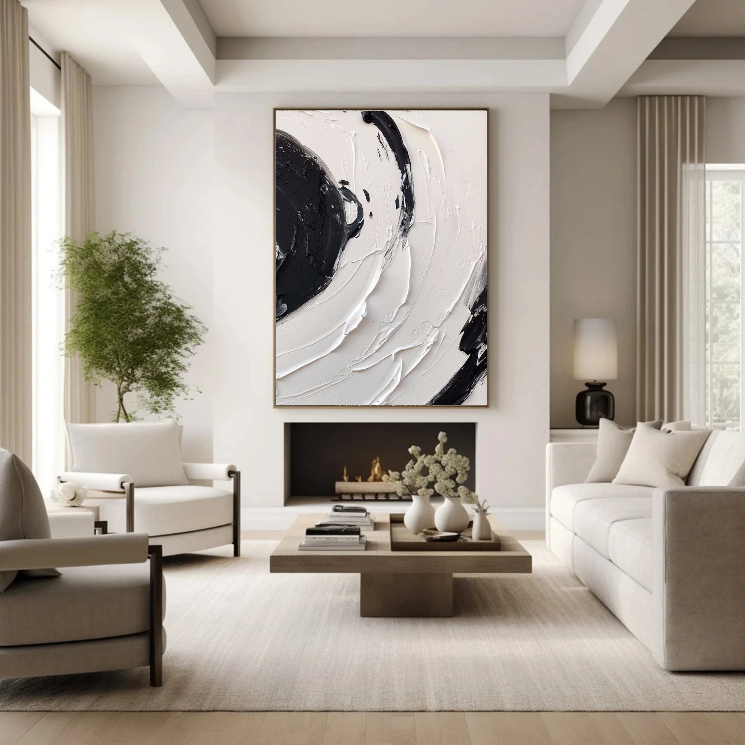 White & Black Minimalist Textured Painting Canvas #MM139