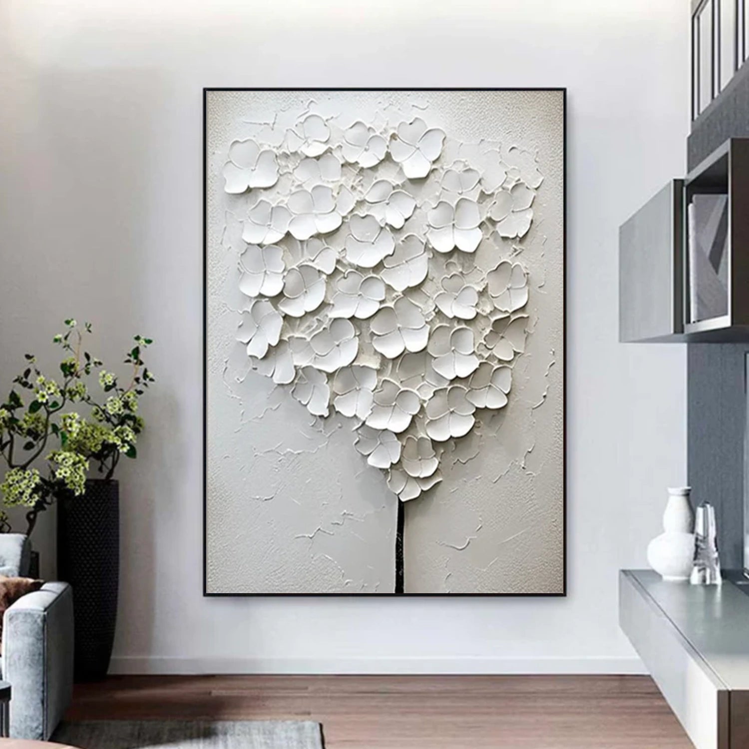 White Flower & Tree Abstract Texturte  Canvas Art #FT 243