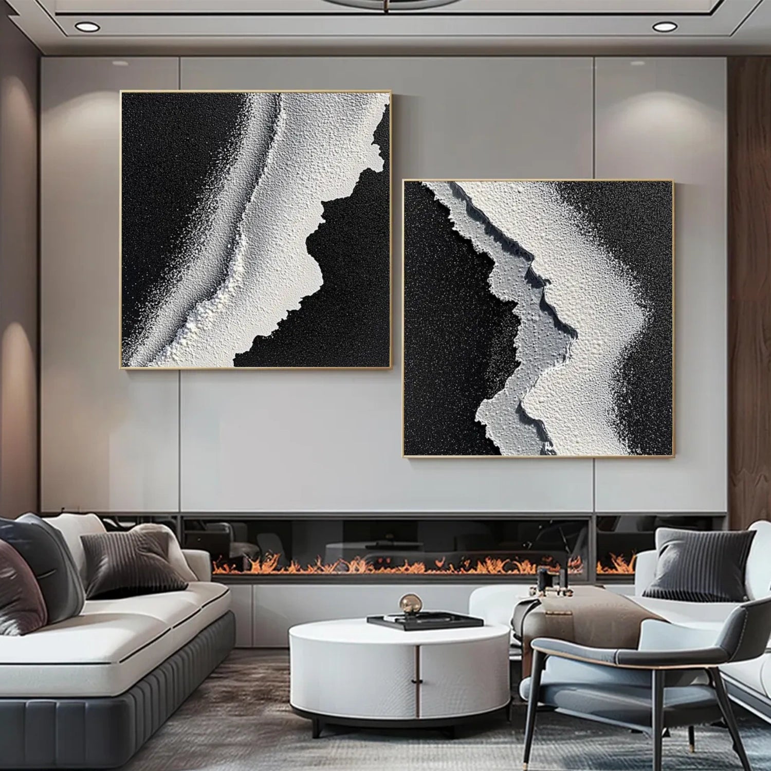 Black & White Ocean And Sky Abstract Textured Square Set of 2 Canvas Art #OS 315