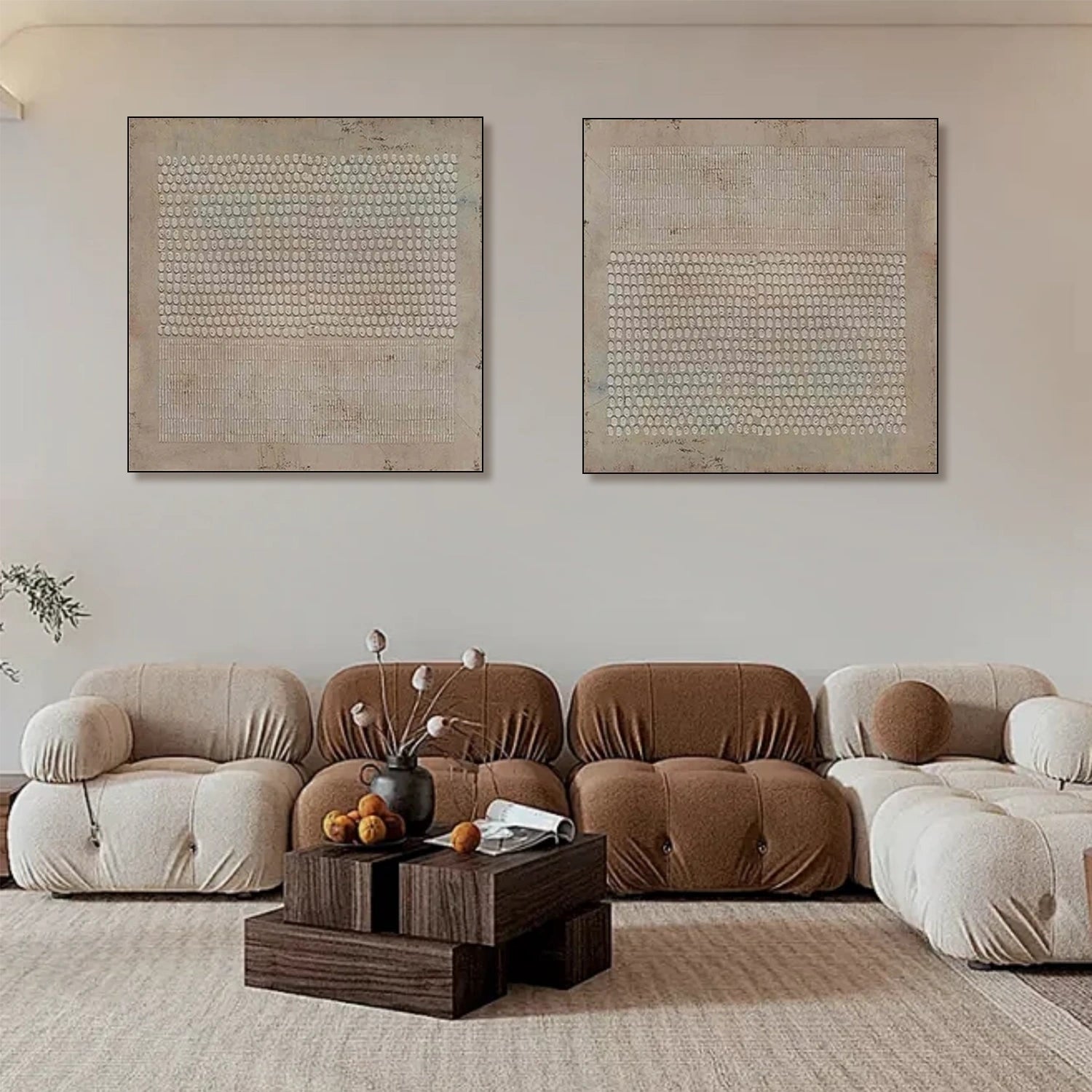 Beige & Brown Abstract Textured Square Set of 2 Wall Art #BB165
