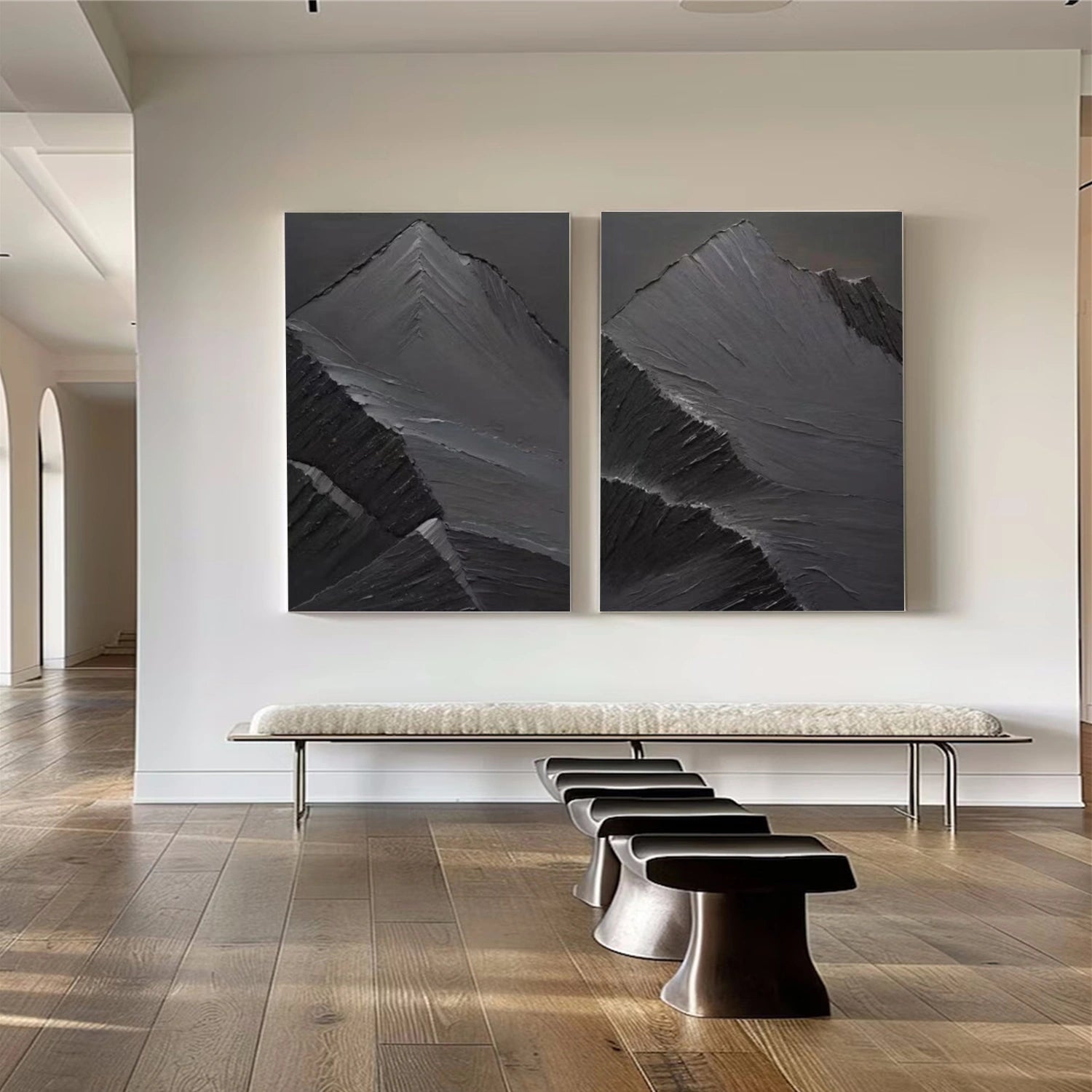 Black Minimalist Mountain Textured Set Of 2 Painting #MZ147