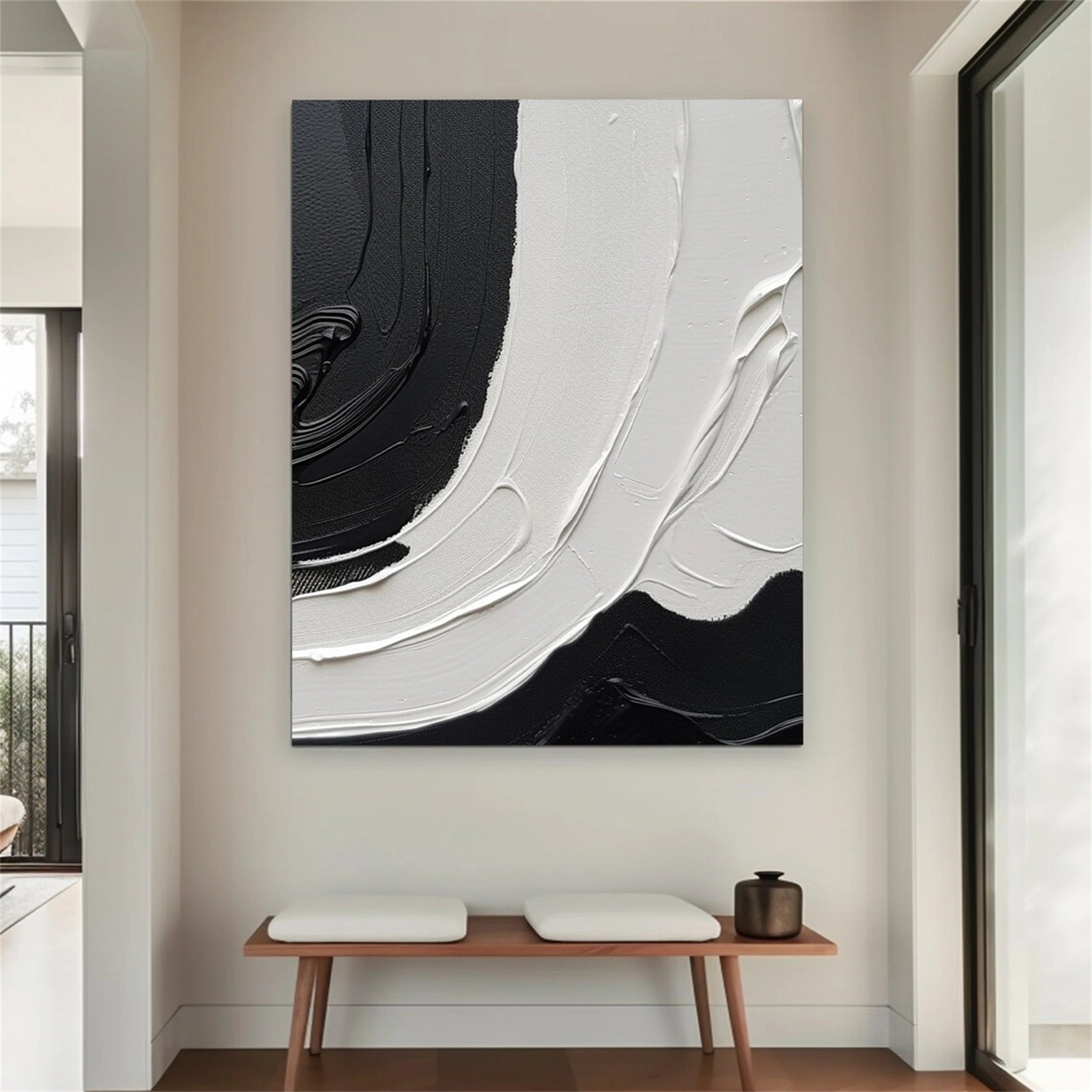 White & Black Minimalist Textured Painting Canvas #MM152