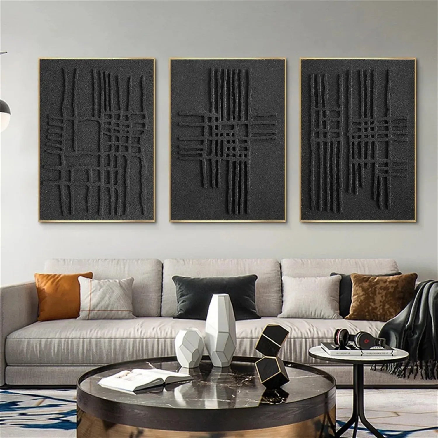 Black Minimalist Textured Painting Canvas Set of 3 #MZ119