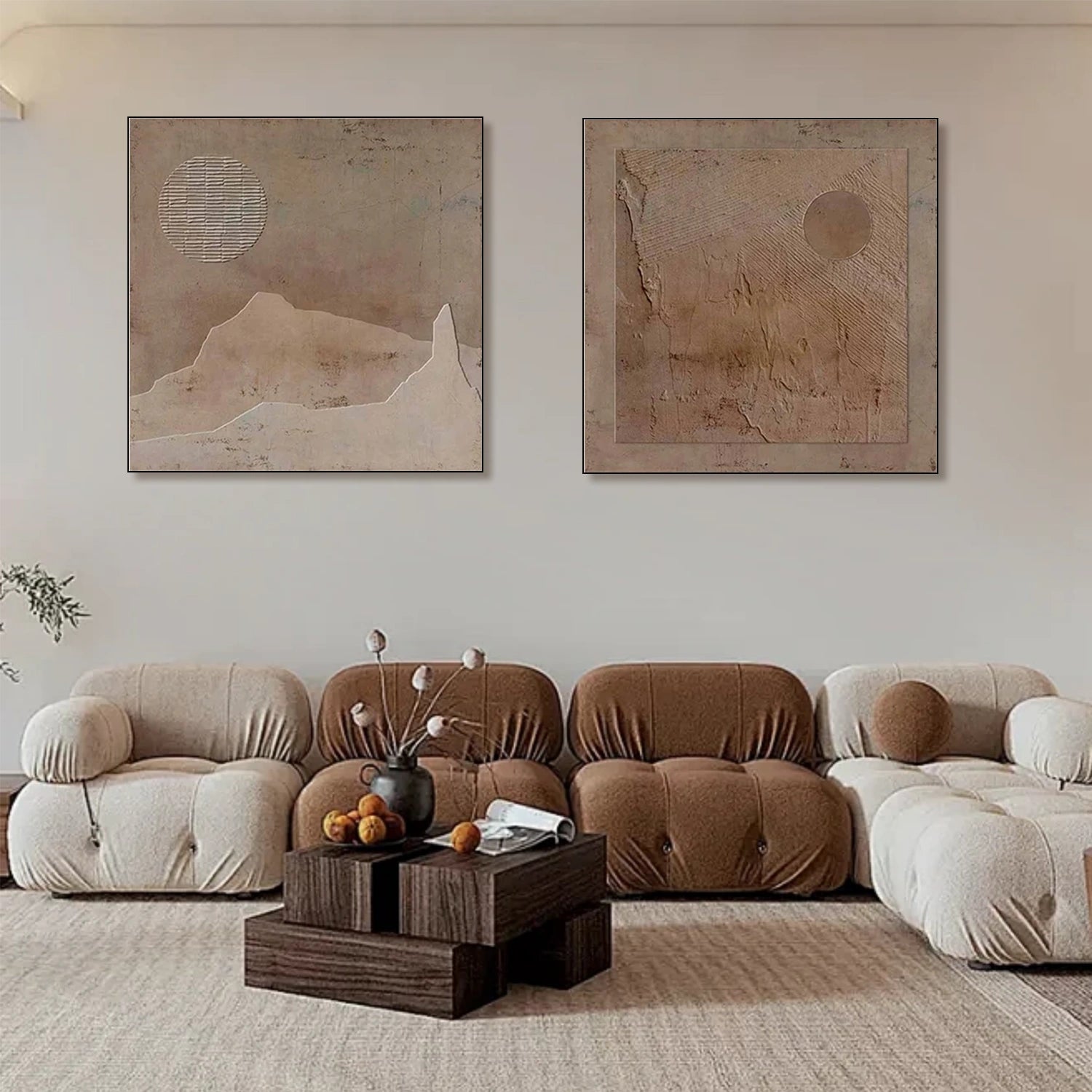 Beige & Brown Abstract Textured Square Set of 2 Wall Art #BB167