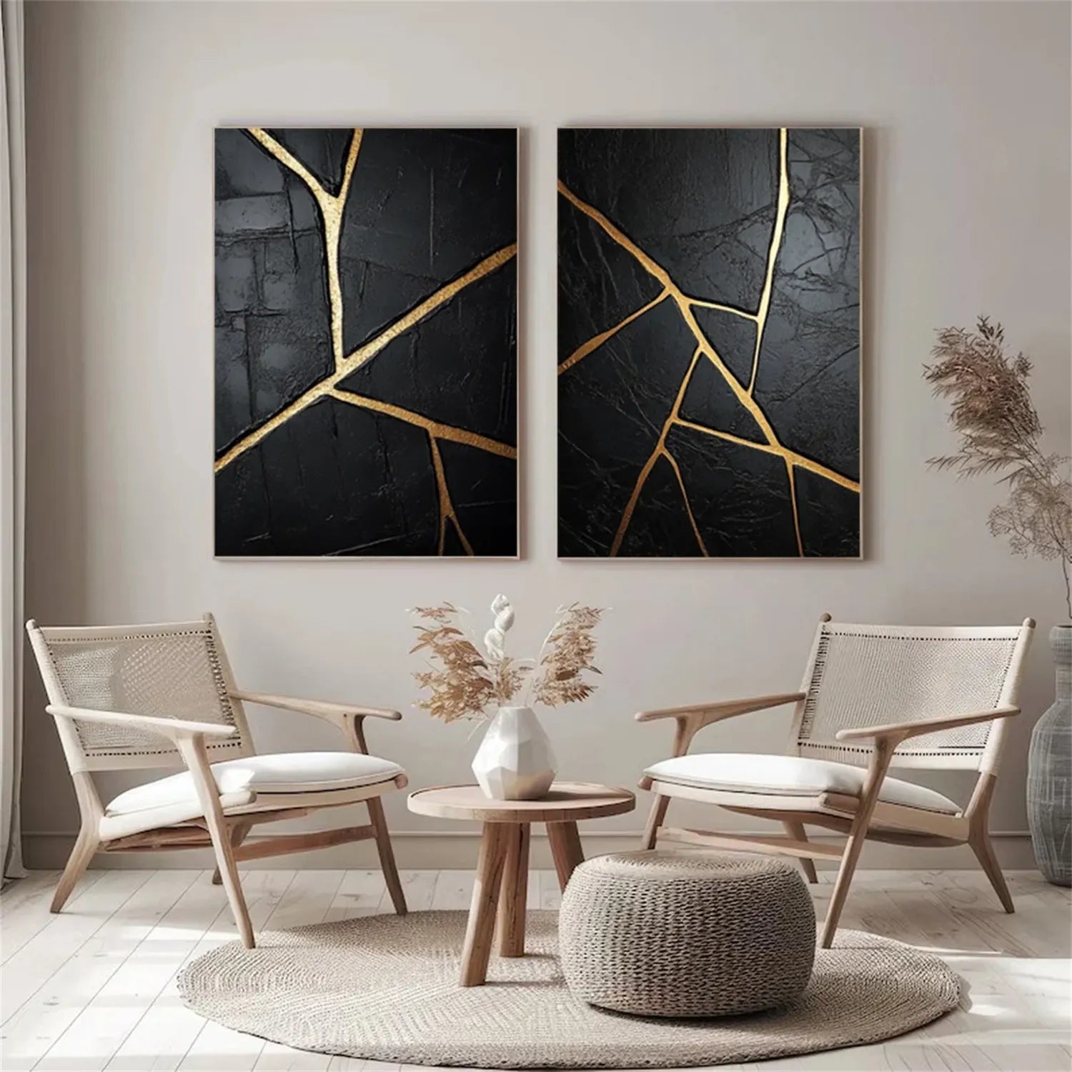 Black Gold Minimalist Textured Painting Set of 2 #MZ135