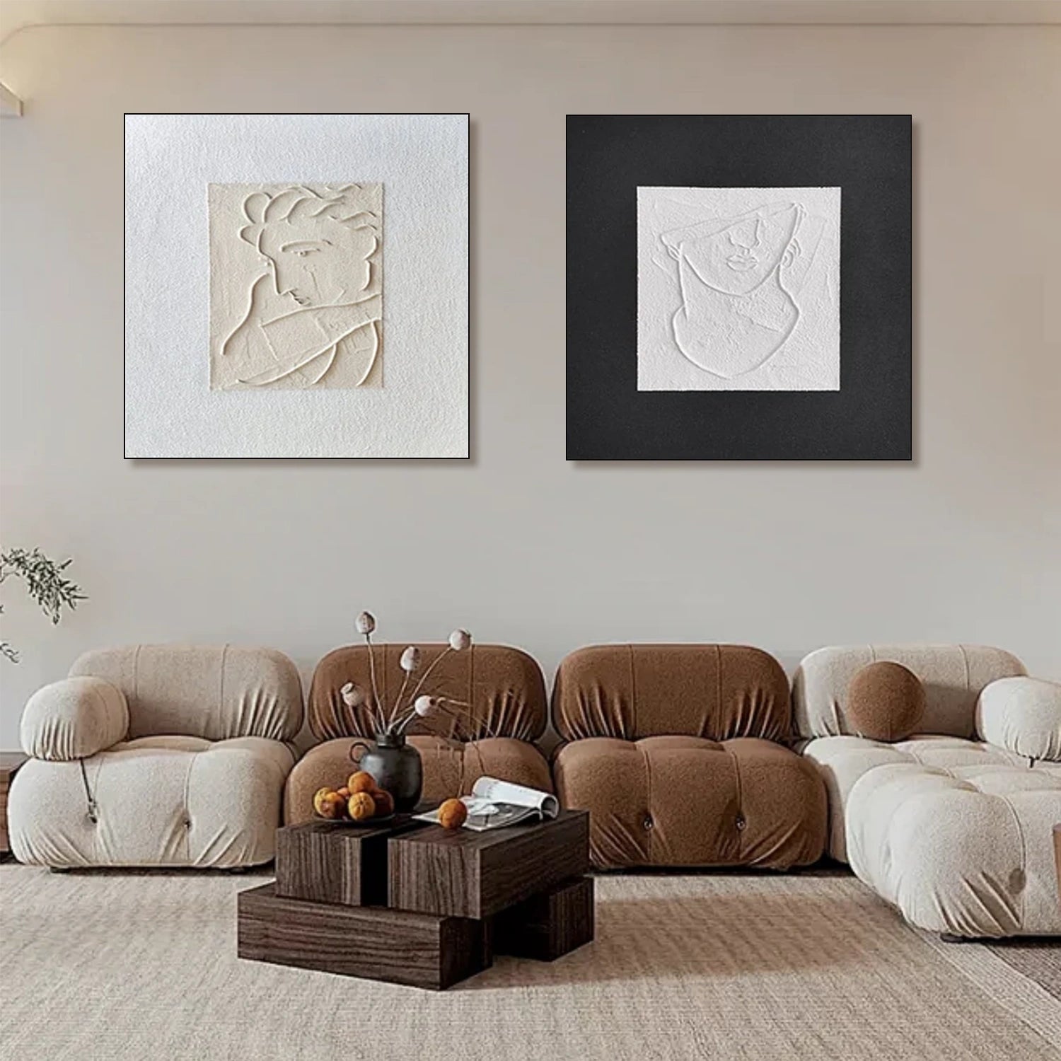 Black & White Abstract Textured Square Set of 2 Wall Art #AB 494