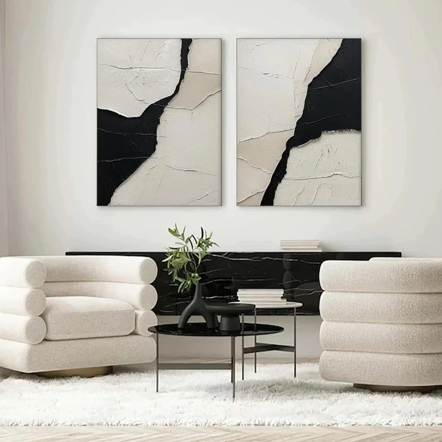 White and Black Minimalistic Textured Set of 2 Canvas Art #MZ150