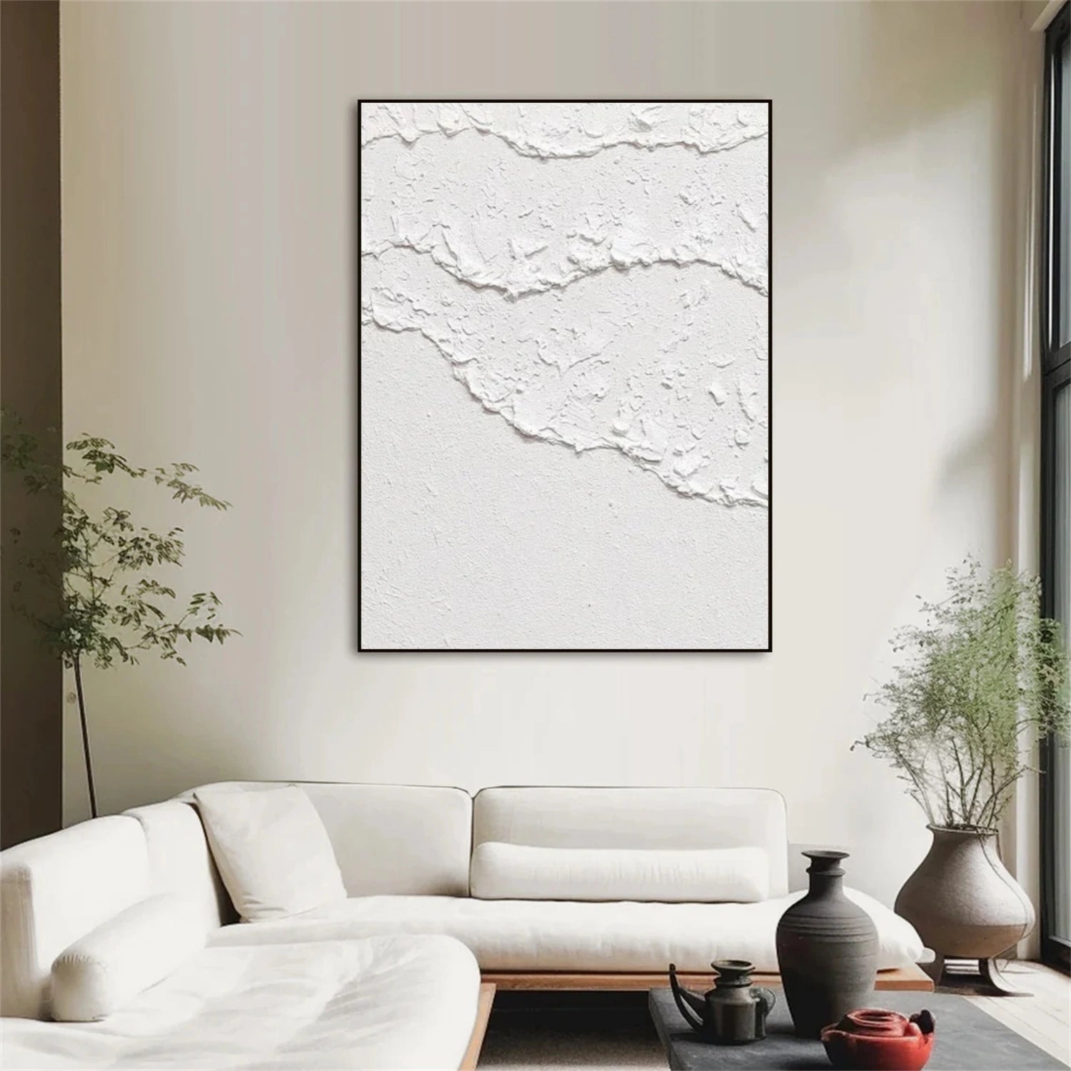 White Ocean And Sky Abstract Textured Canvas Art #OS336