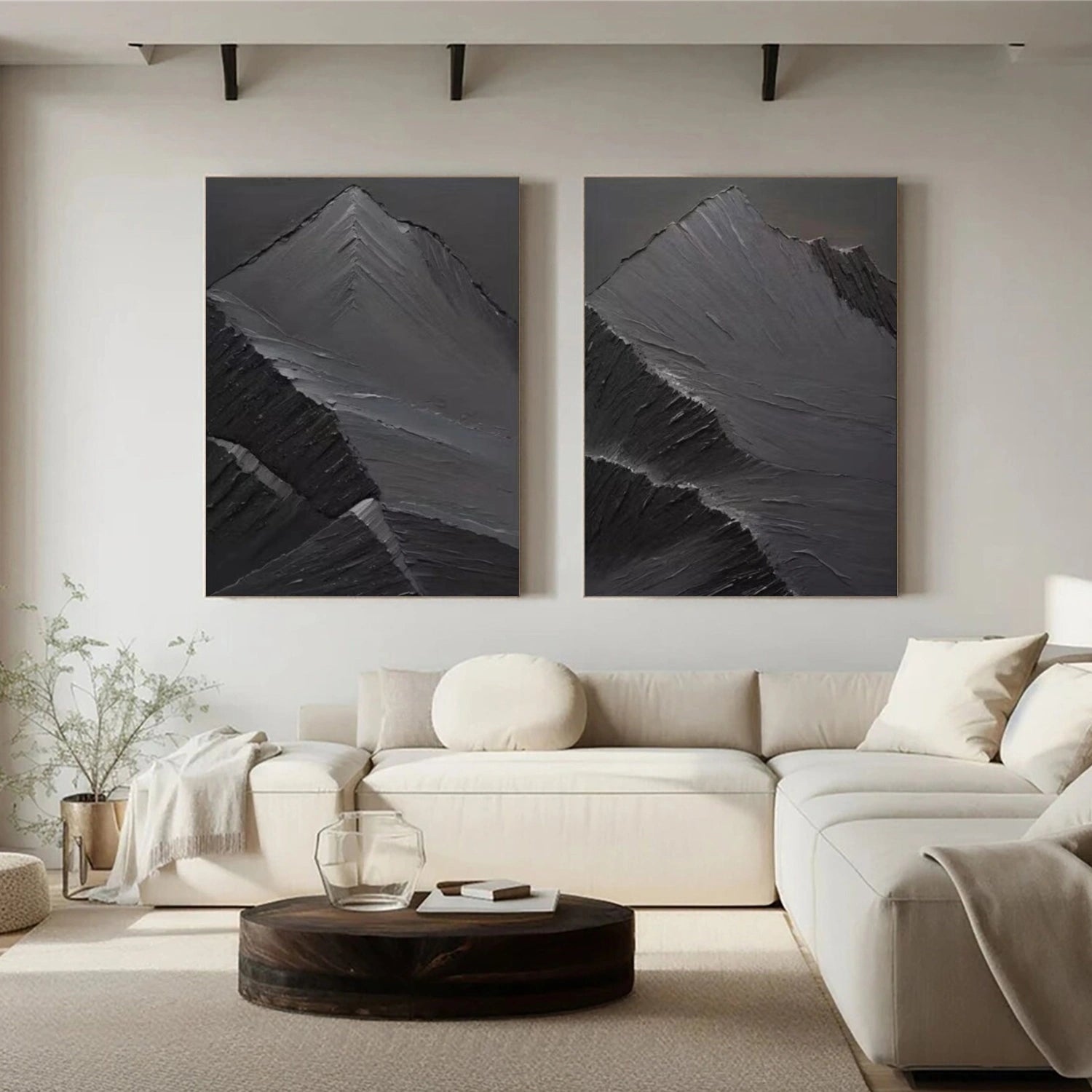 Black Minimalist Mountain Textured Set Of 2 Painting #MZ147