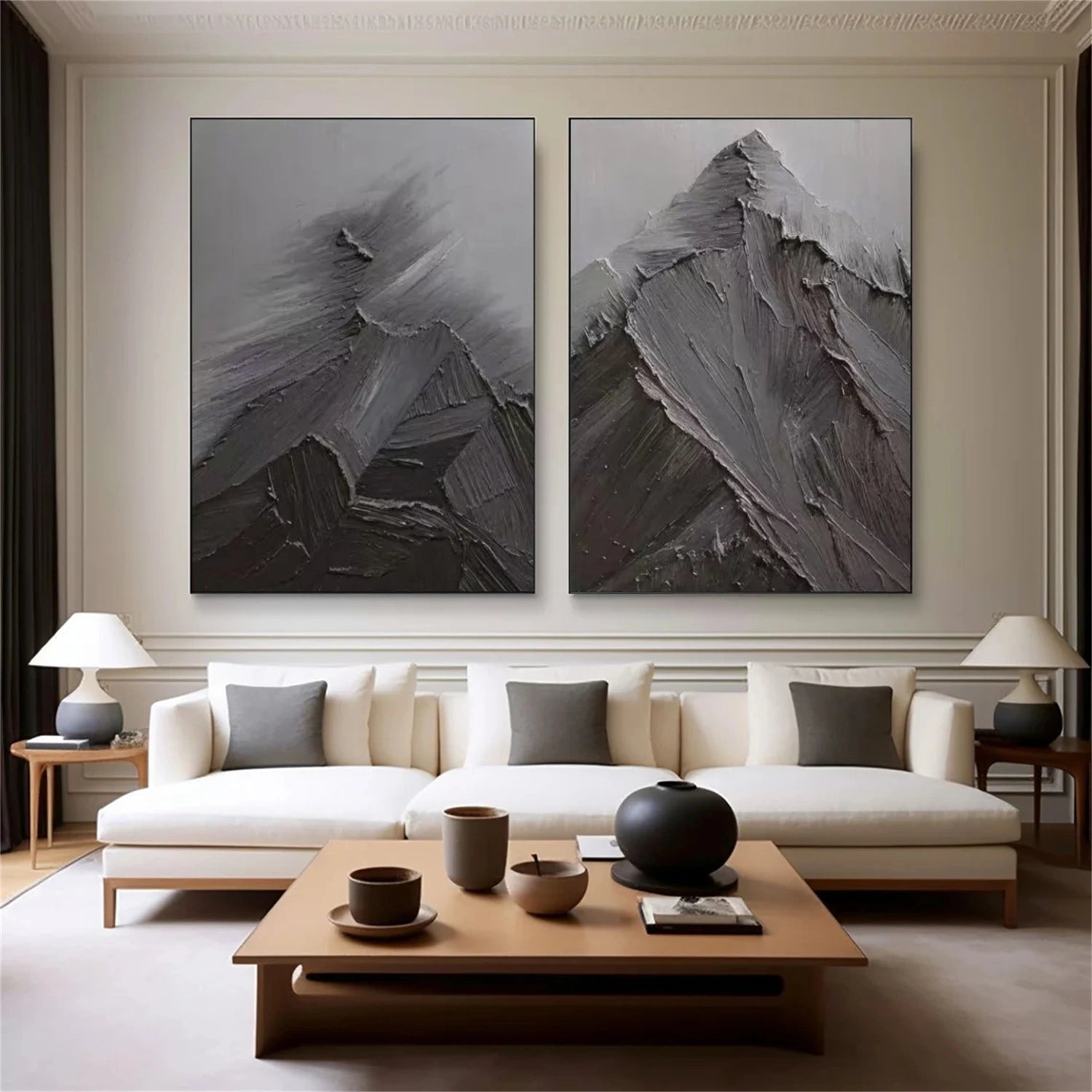 Black Minimalist Mountain Textured Set Of 2 Painting #MZ148