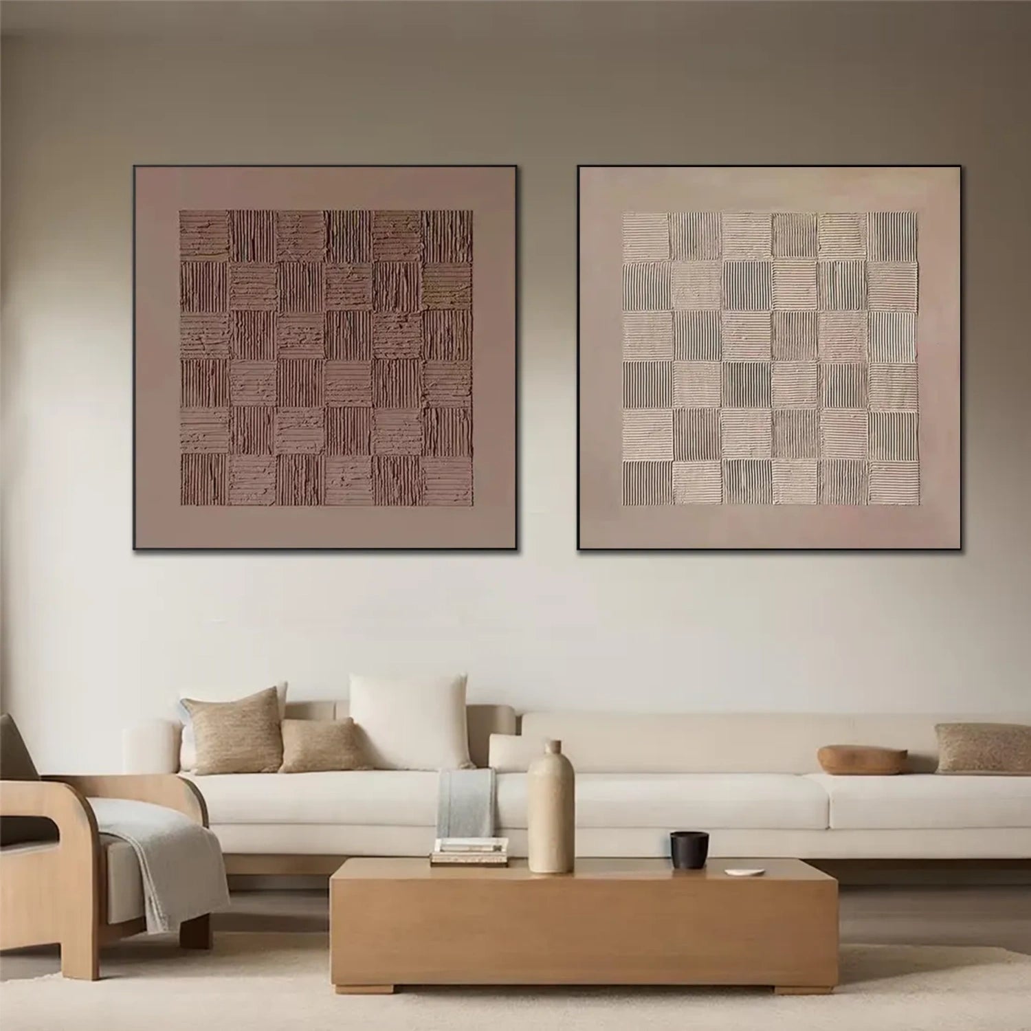 Beige & Brown Abstract Textured Square Set of 2 Wall Art #BB169