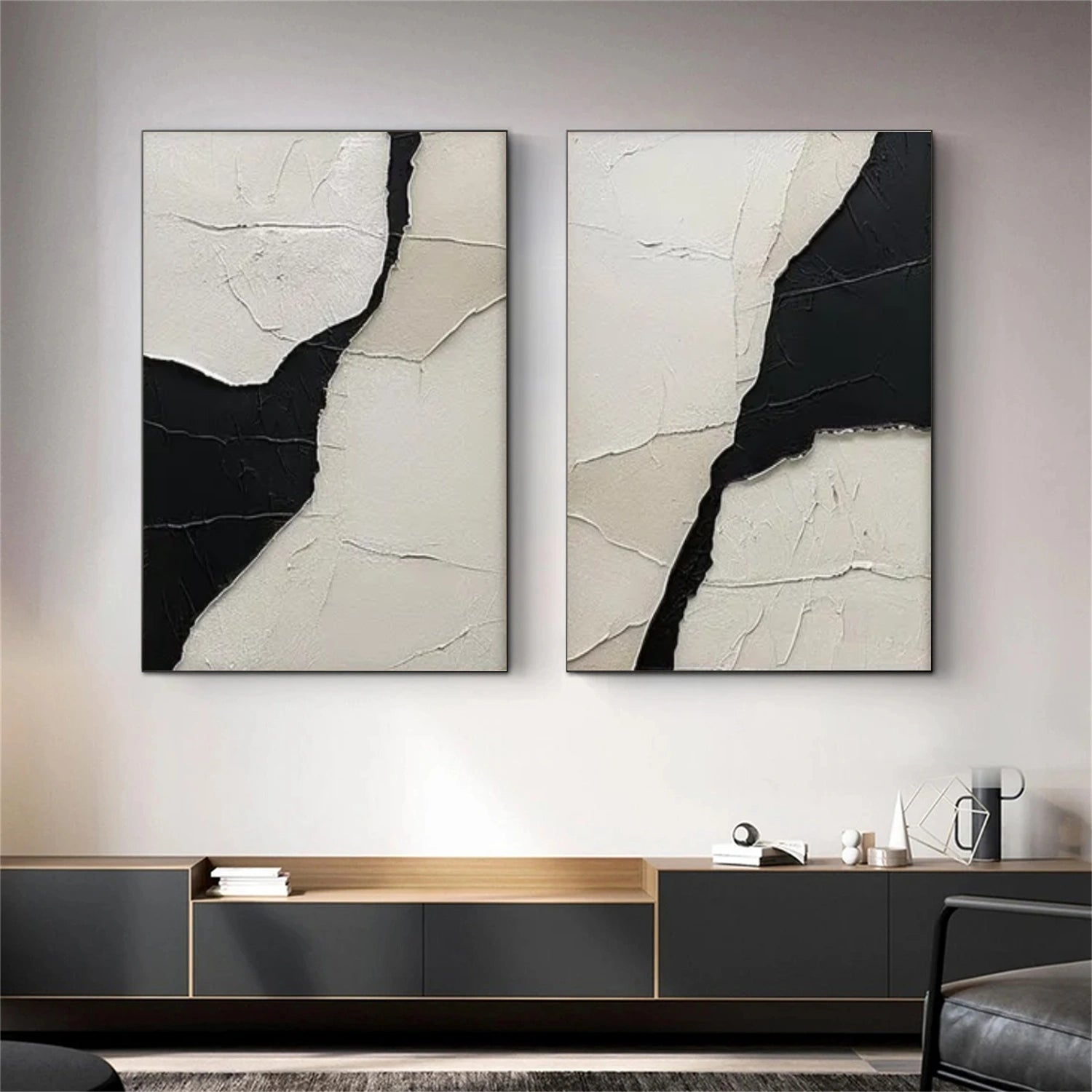 White and Black Minimalistic Textured Set of 2 Canvas Art #MZ150
