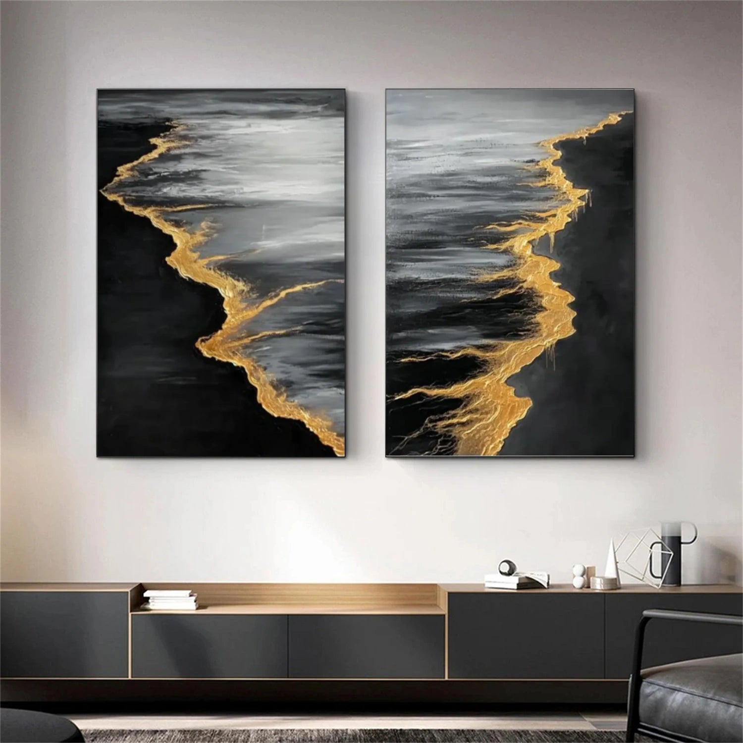 Black & Gold Ocean And Sky Abstract Textured Set of 2 Canvas Art #OS 313