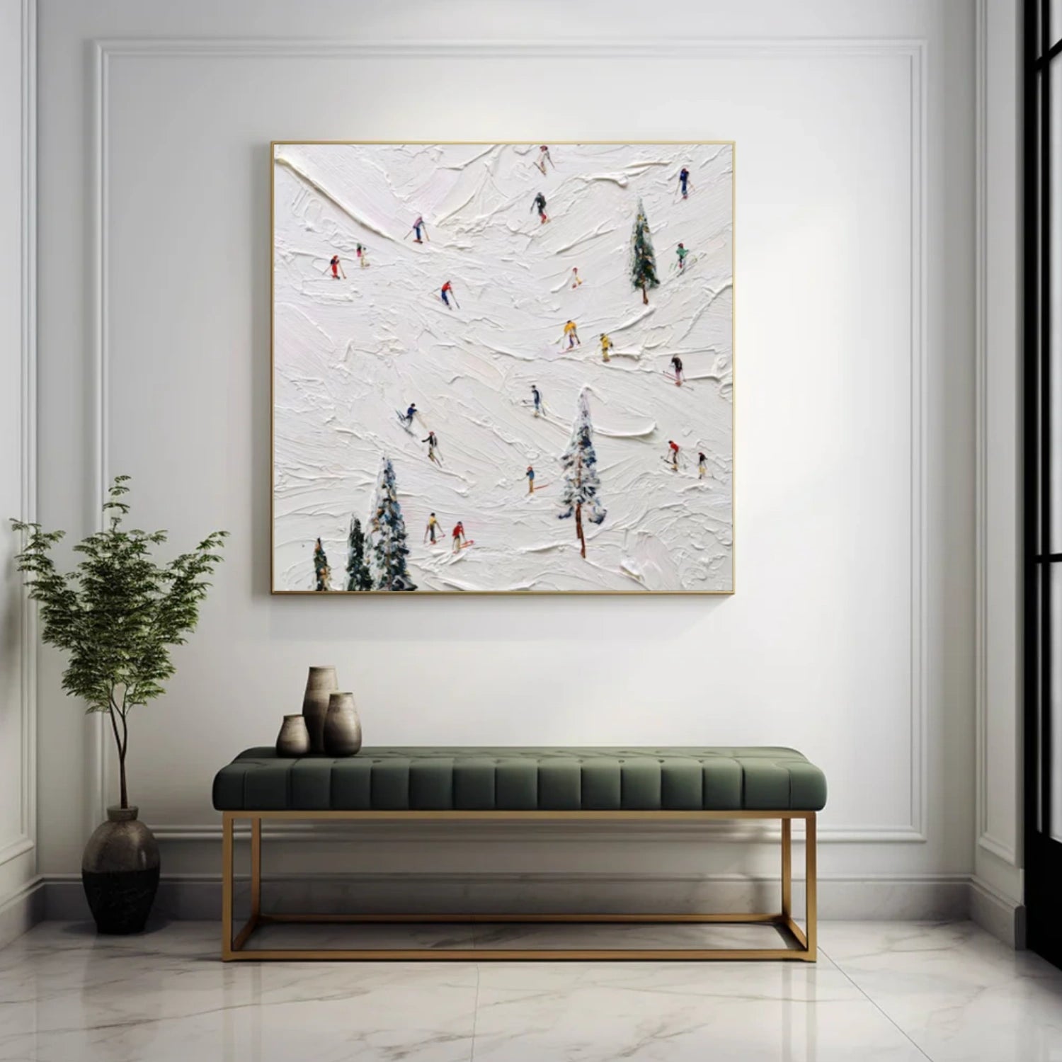 White Skiing Sport Art Textured Painting Canvas # SA054