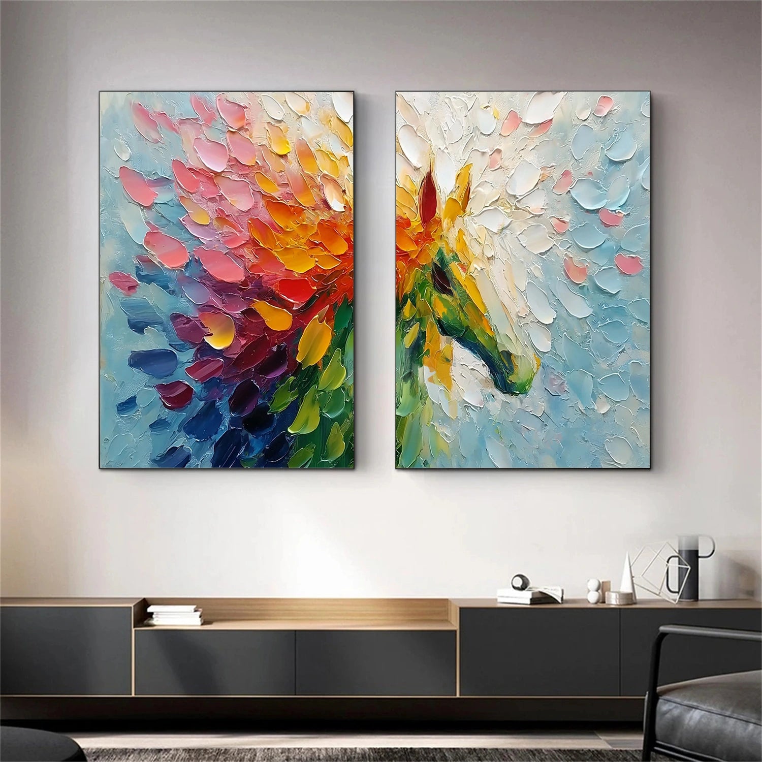 Colorful Abstract Horse Animal Textured Set of 2 Canvas Art #AP186