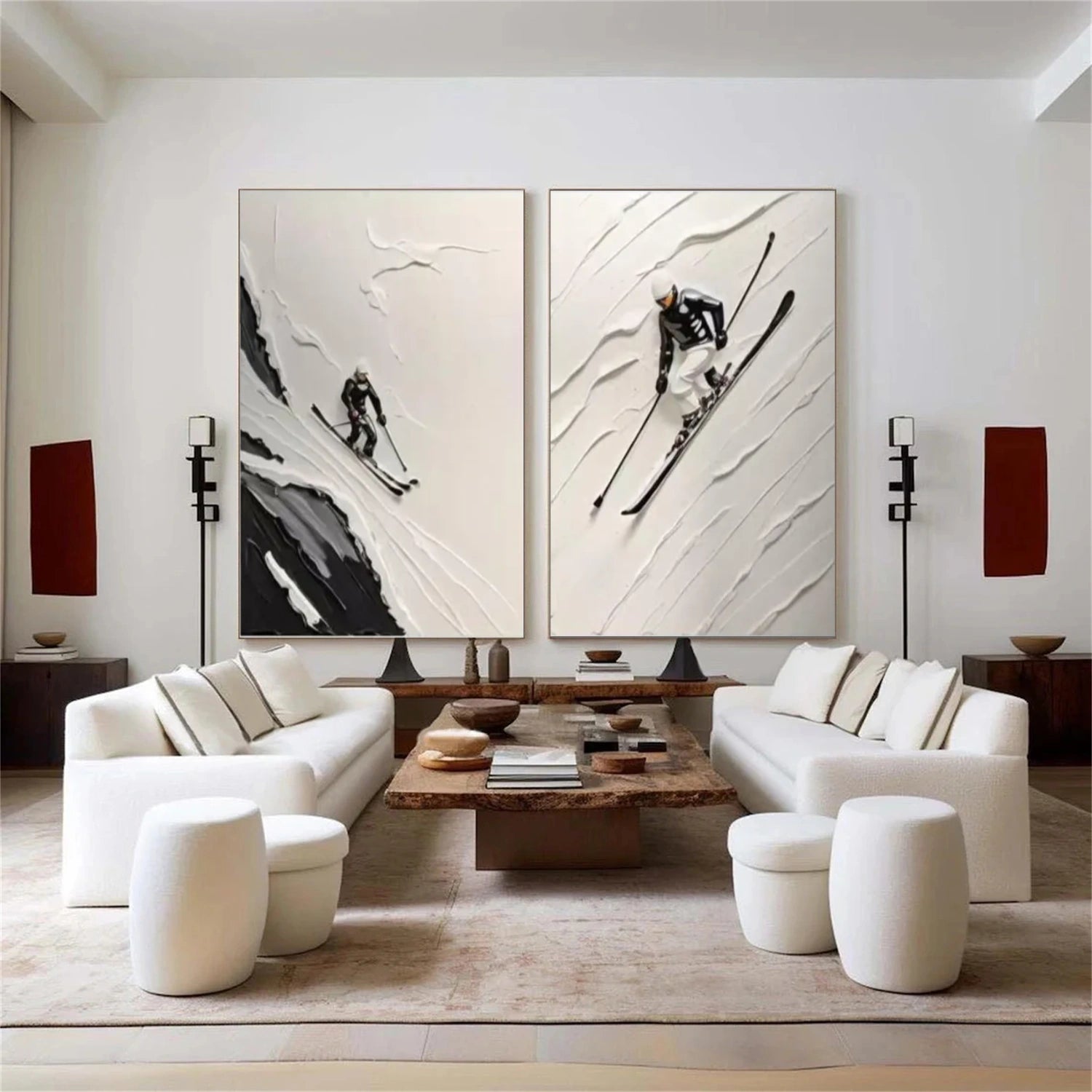 Beige & Black Skiing Sport Art Textured Set of 2 Painting Canvas # SA036