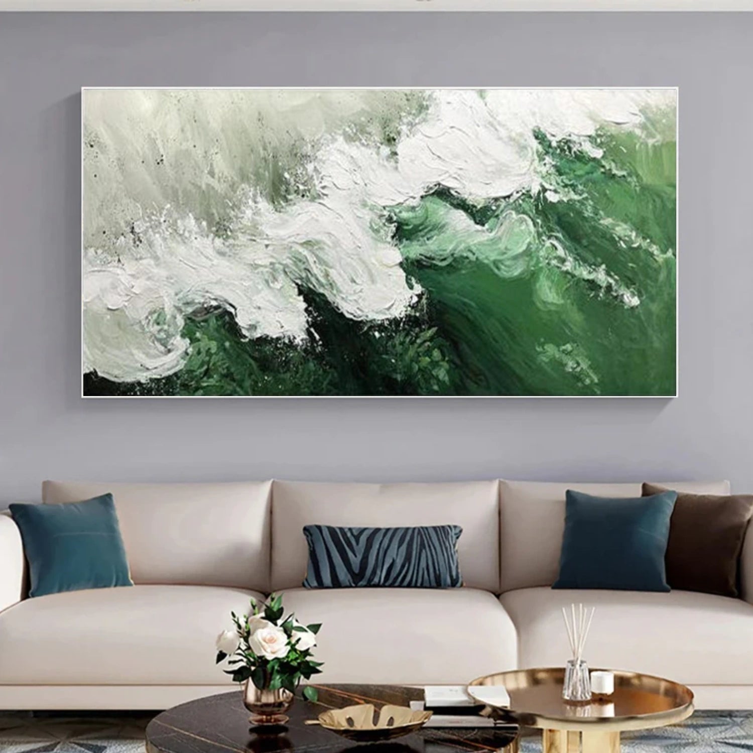 White & Green Ocean And Sky Abstract Textured Canvas Art #OS347