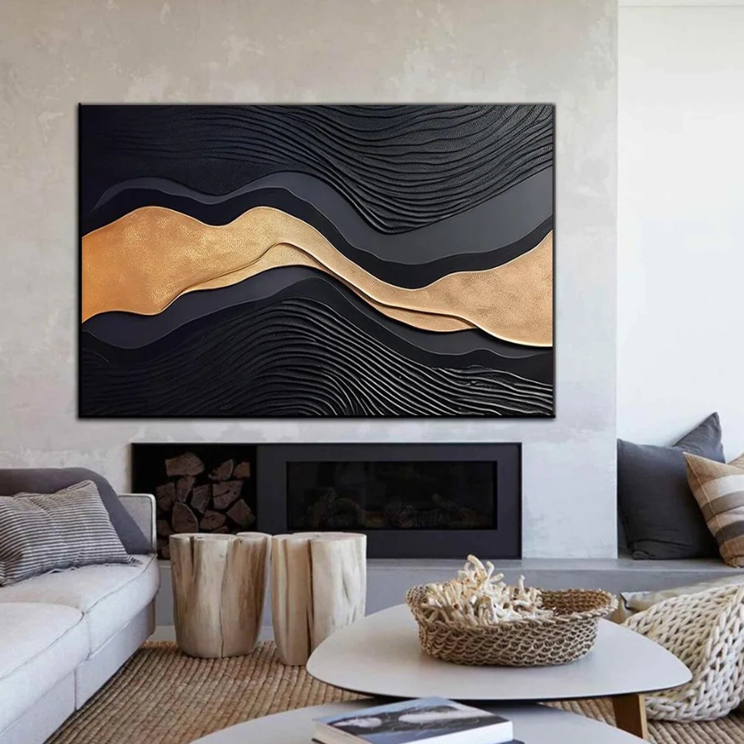 Black & Gold Minimalist Texture Canvas Art#MM398