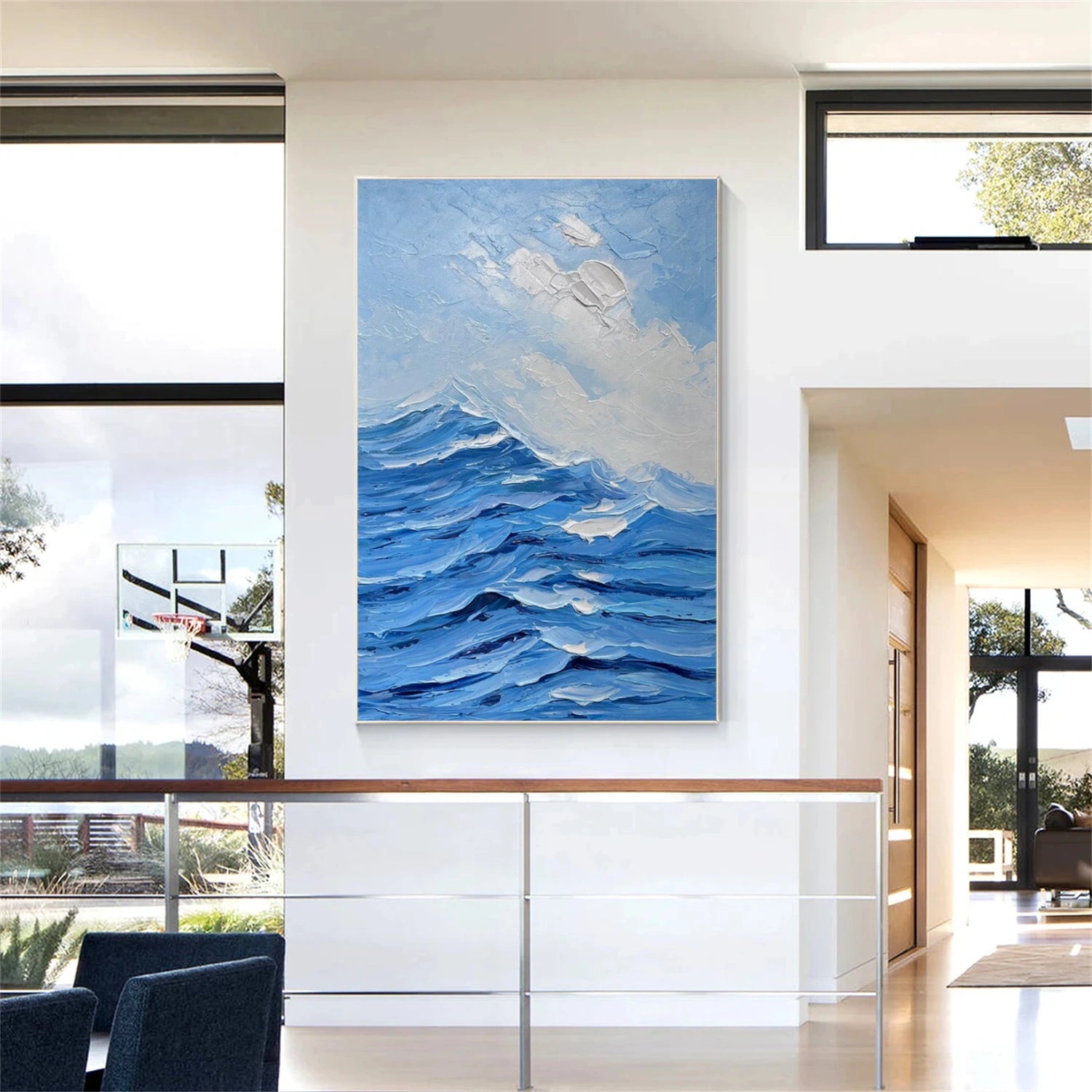 Blue & White Ocean And Sky Abstract Textured Canvas Art #OS 314